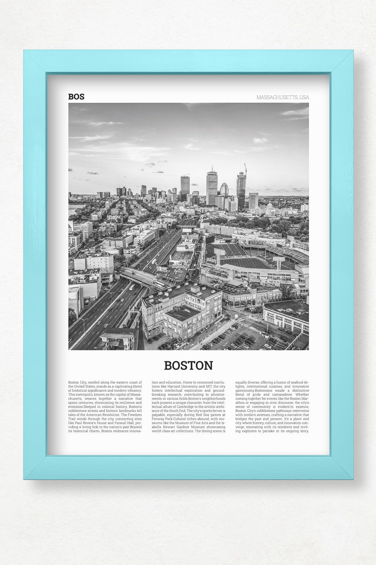 DuoArt Boston Siyah Beyaz Poster/Gezgin Serisi/Doğal Ahşap Çerçeveli Poster/Çerçeve Rengi:Duru Mavi