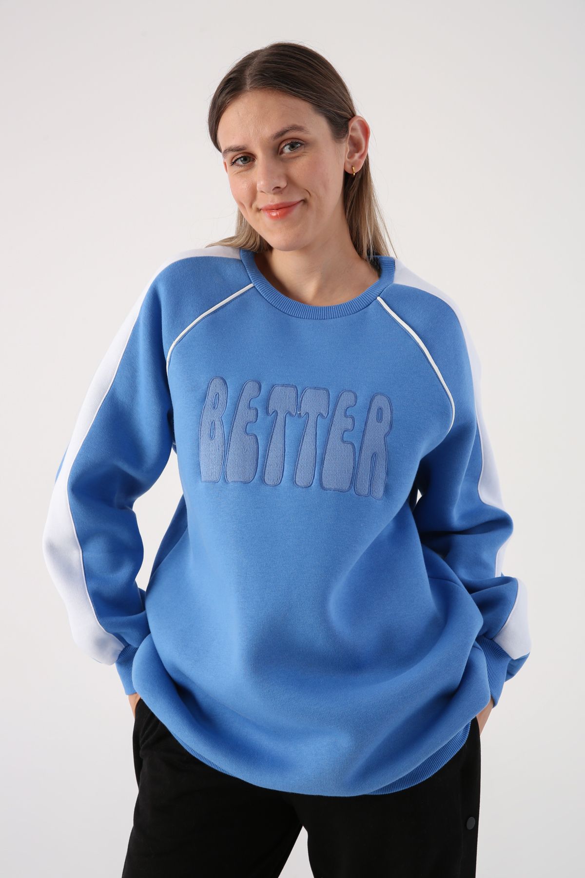ALLDAY Mavi01 Kontrast Garnili Nakışlı Şardonlu Sweatshirt