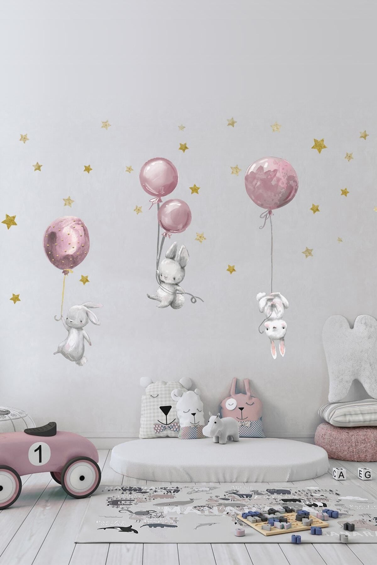 KT Decor Kız Çocuk Odası Sevimli Balonlu Tavşanlar Ve Yıldızlar Çocuk Odası Duvar Sticker