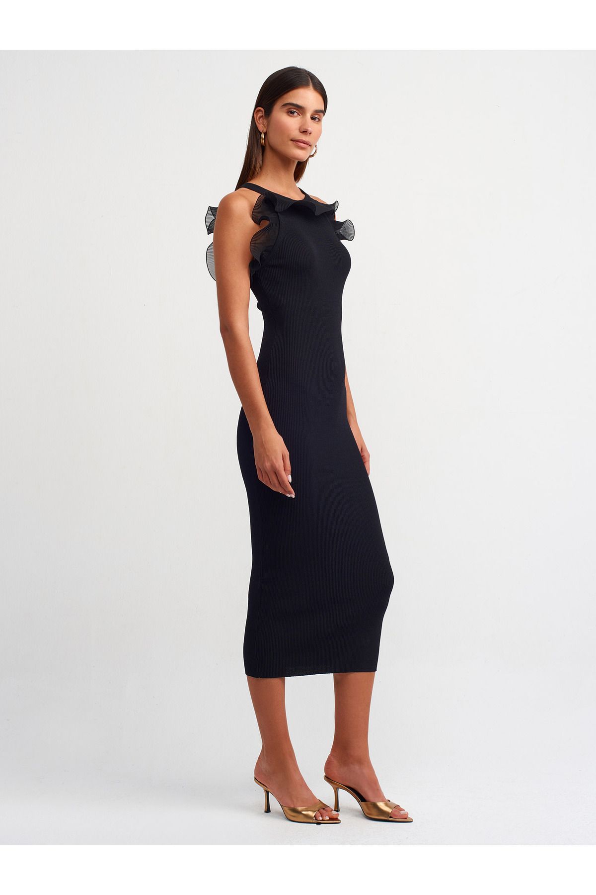 Dilvin 90201 Fitilli Fırfır Kumaş Detaylı Triko Elbise-Siyah