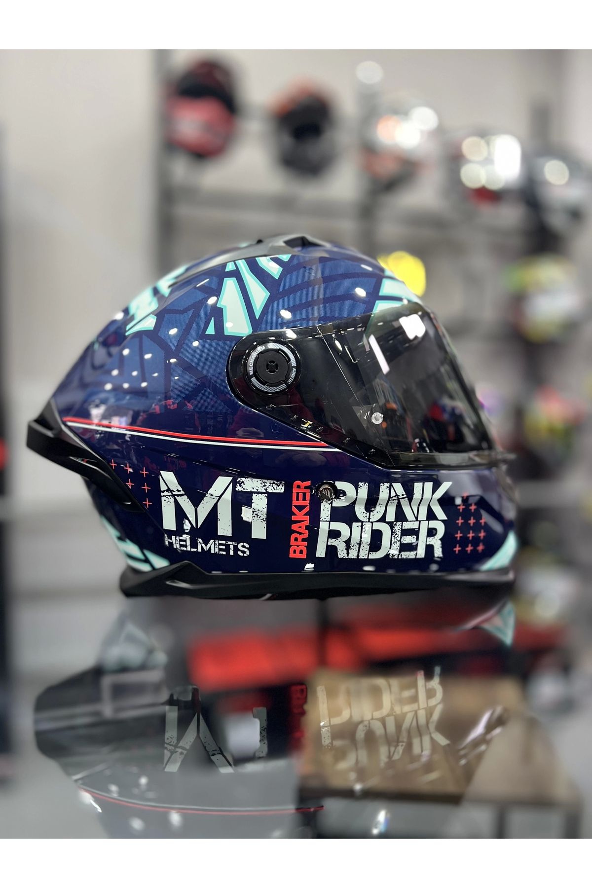 MT Helmets Kask Braker Punk Rider Mavi Parlak Şeffaf Vizörlü
