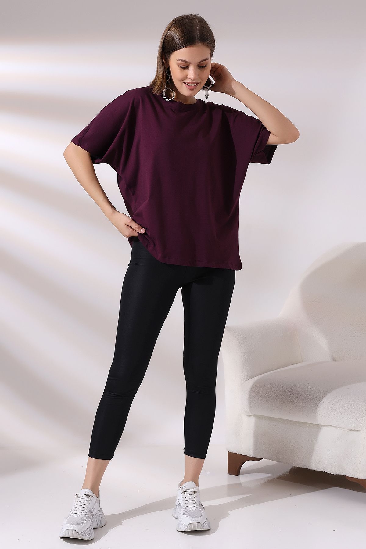 Endies Salaş Pamuklu Penye Kompakt Yarasa Kol T-shirt 21571 Mor
