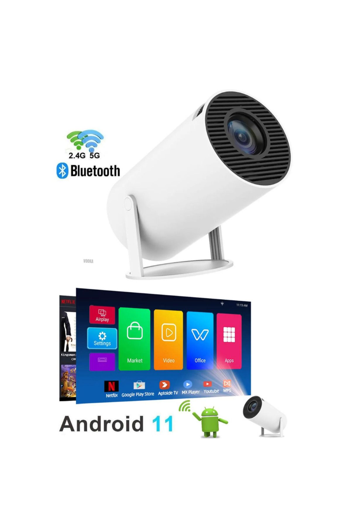 VOOKA Taşınabilir Sinema Projektörü 1280 * 720p Ev Sineması Bluetooth Android 11 Akıllı Projeksiyon Wifi