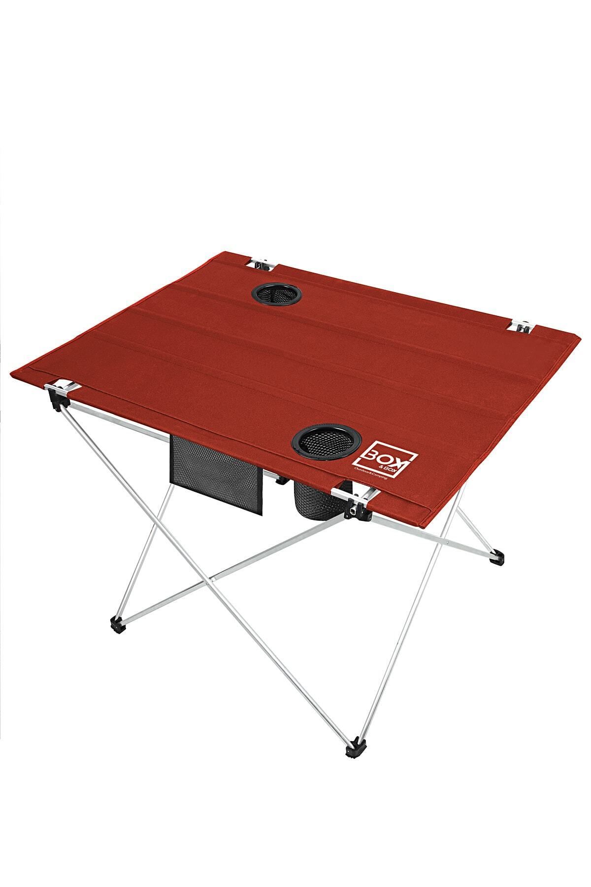Box&Box Katlanabilir Kumaş Kamp Ve Piknik Masası, Kırmızı, 2 Bardak Gözlü, Geniş 73 X 55 X 48 Cm