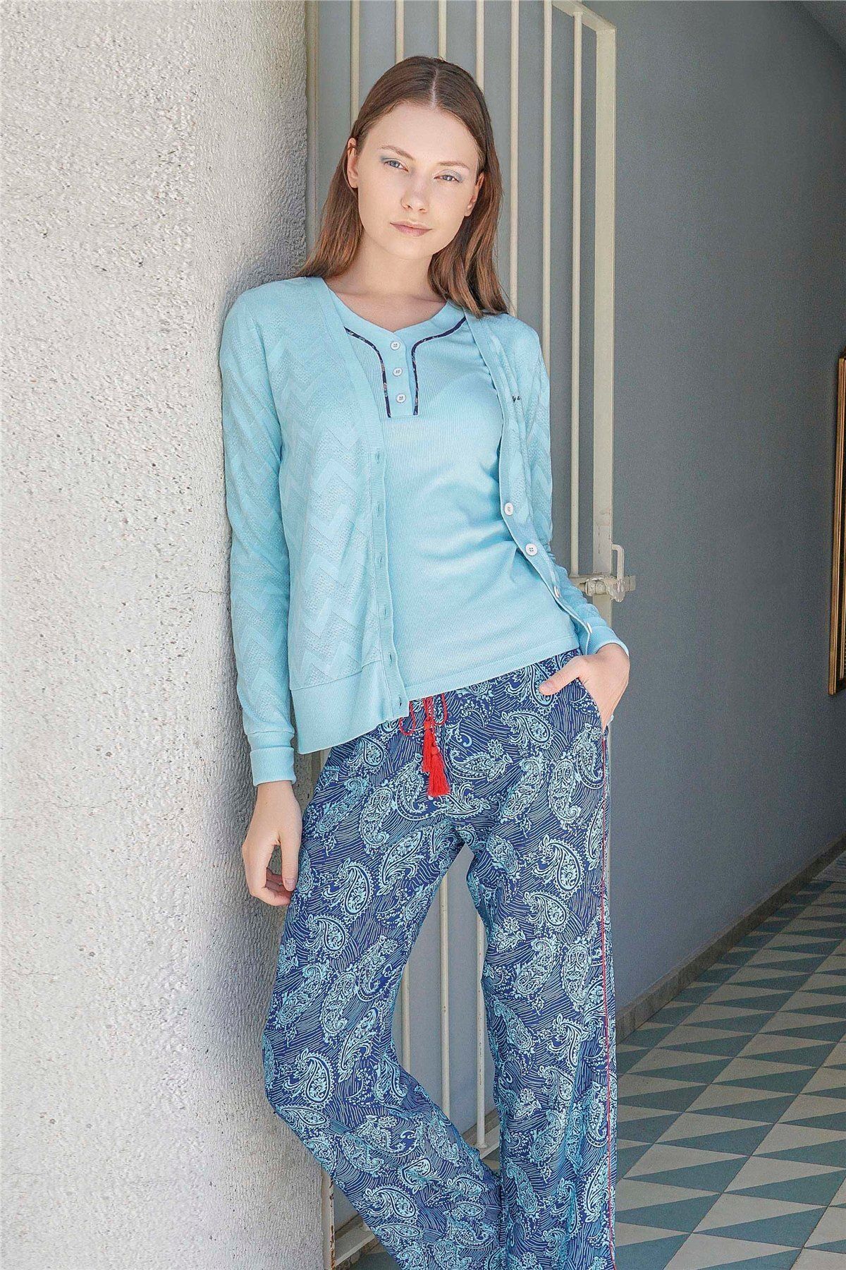 Jiber Kadın Mavi 3'lü Pijama Takımı 10048