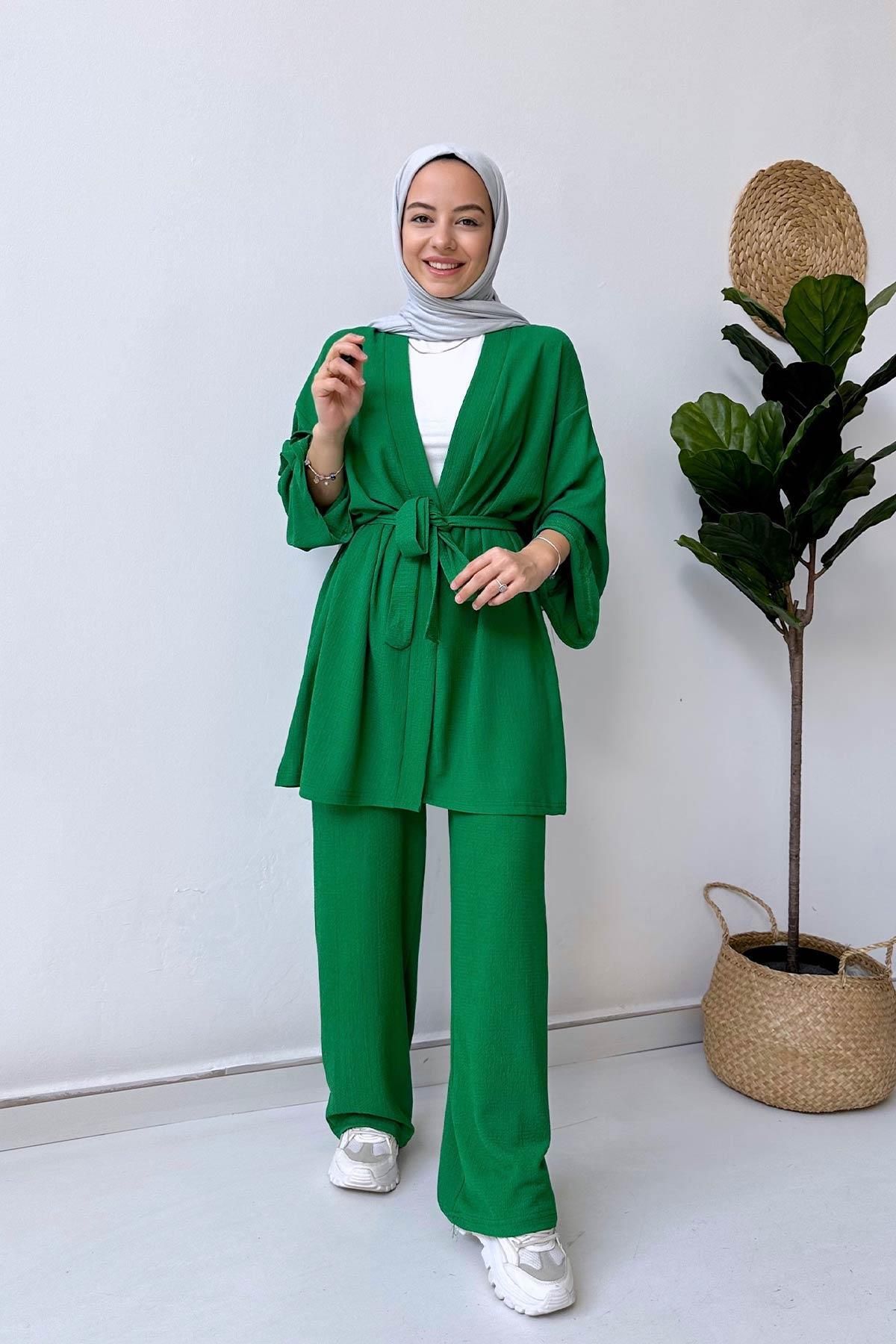 Ka Hijab Fakir Kol Kemerli Kimono Ikili Takım - Yeşil