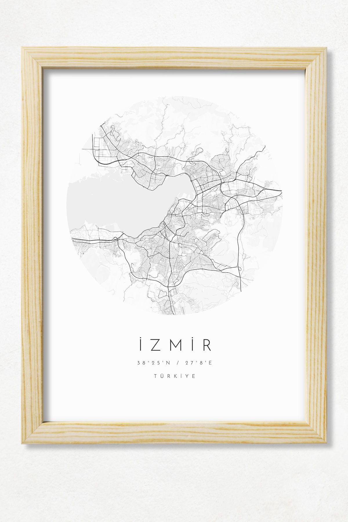 DuoArt İzmir Şehir Haritası/Türkiye Şehirleri/Doğal Ahşap Çerçeveli Poster/Çerçeve Rengi:Naturel