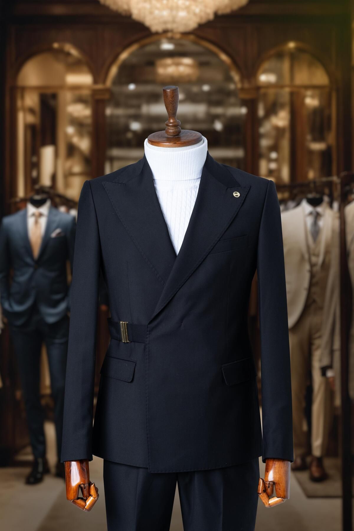 Salihtarzz Takım Elbise Italyan Kesim Yandan Kemerli Premium Siyah Sd4144