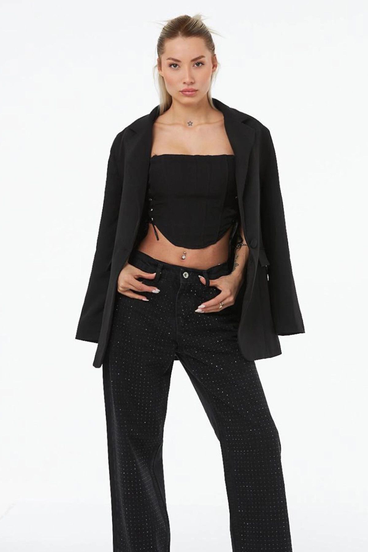 VAGGON Kadın Siyah Astarlı Önü Düğmeli Çift Cepli Regular Fit Klasik Blazer Ceket