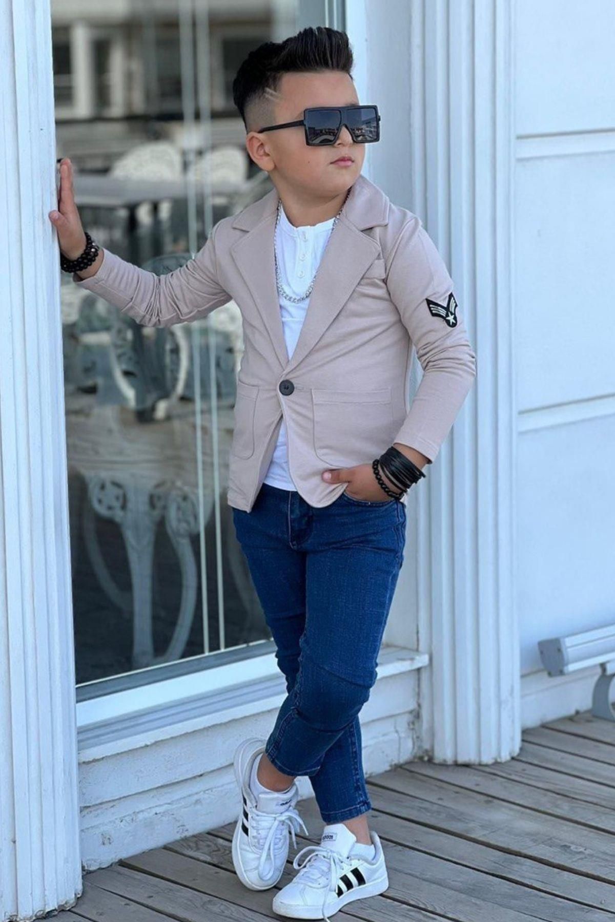 Riccotarz Erkek Çocuk Armalı Blazer Ceket ve Uzun Kollu Düğmeli Tişört Krem Alt Üst Takım