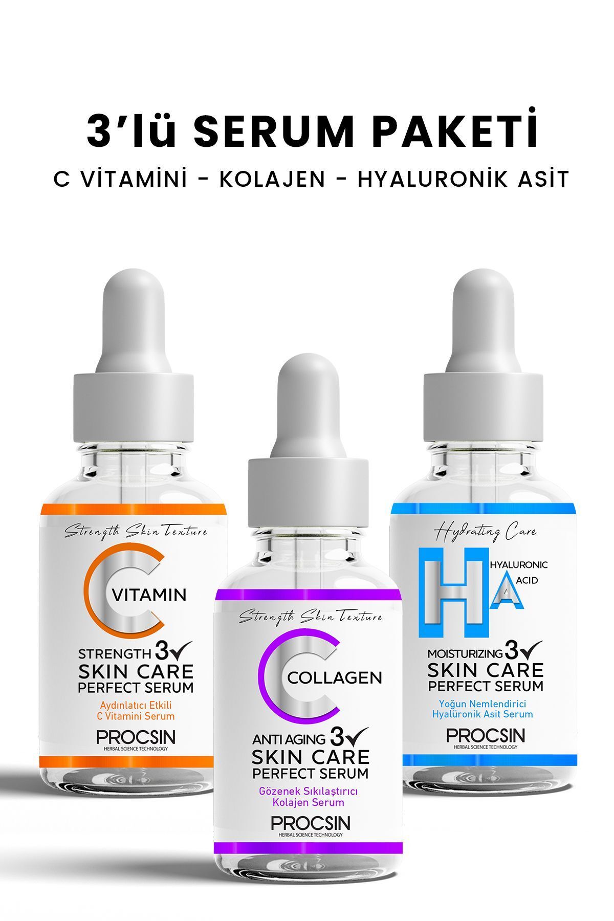 PROCSIN Üçlü Serum Paketi (C VİTAMİNİ - KOLAJEN - HYALURONİK ASİT SERUMU)