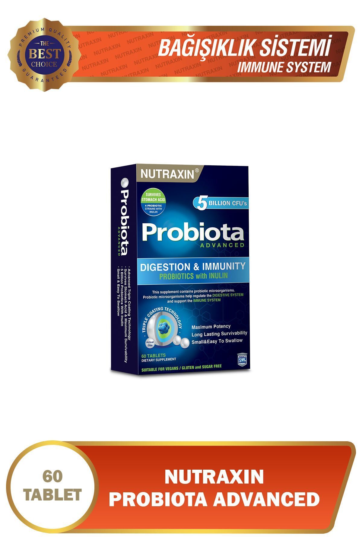 Nutraxin Probiota Advanced 60 Tablet - 5 Milyar Canlı Probiyotik 3 Katmanlı Tablet Teknolojisi
