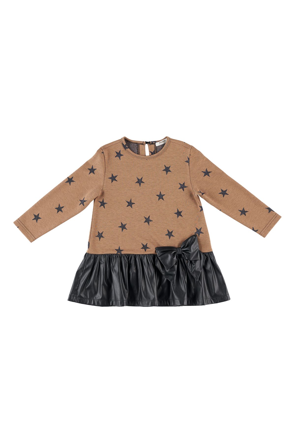 Panço Kız Çocuk Yıldız Desenli Deri Detaylı Elbise