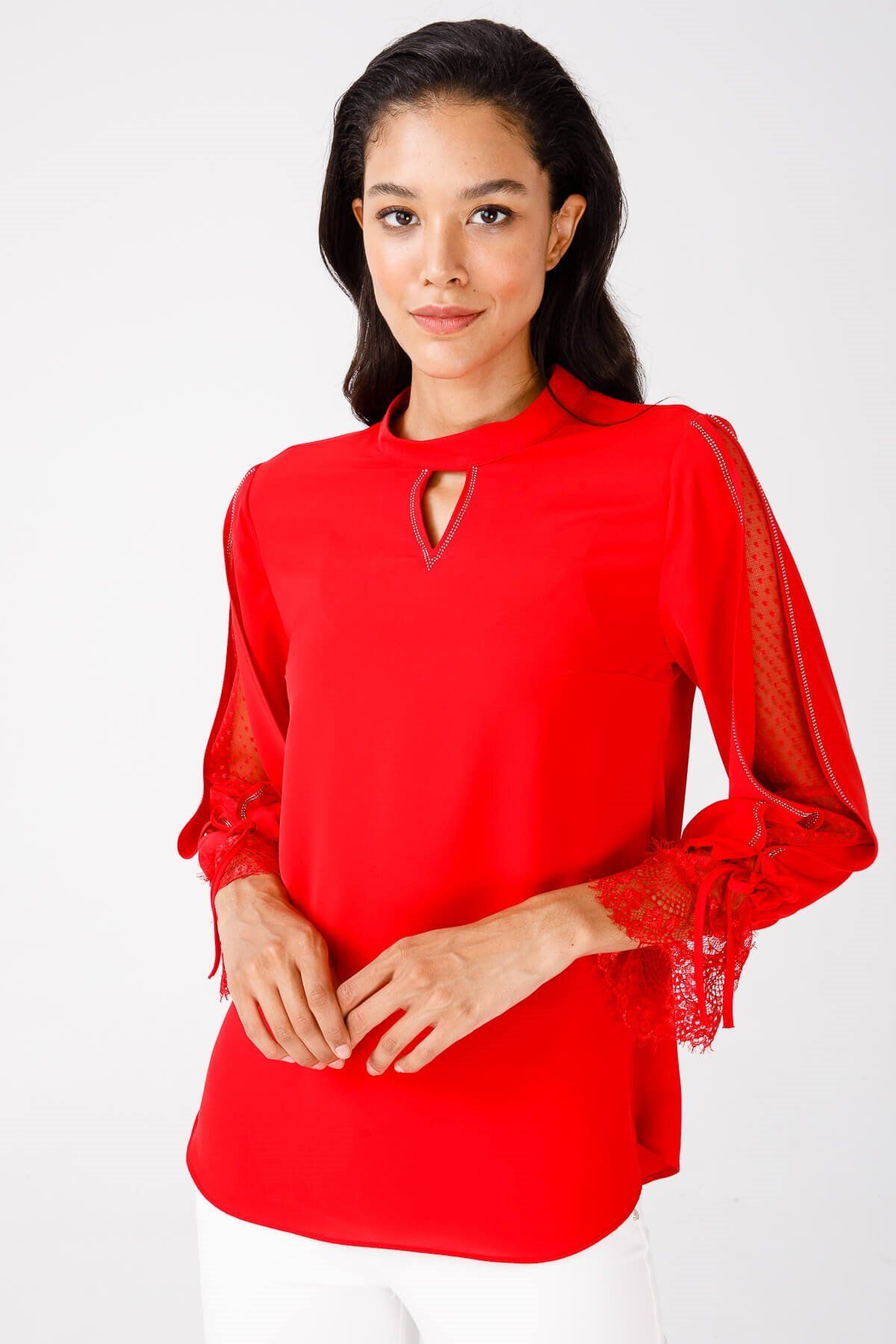 Moda İlgi Modailgi Dik Yaka Dantelli Bluz Kırmızı