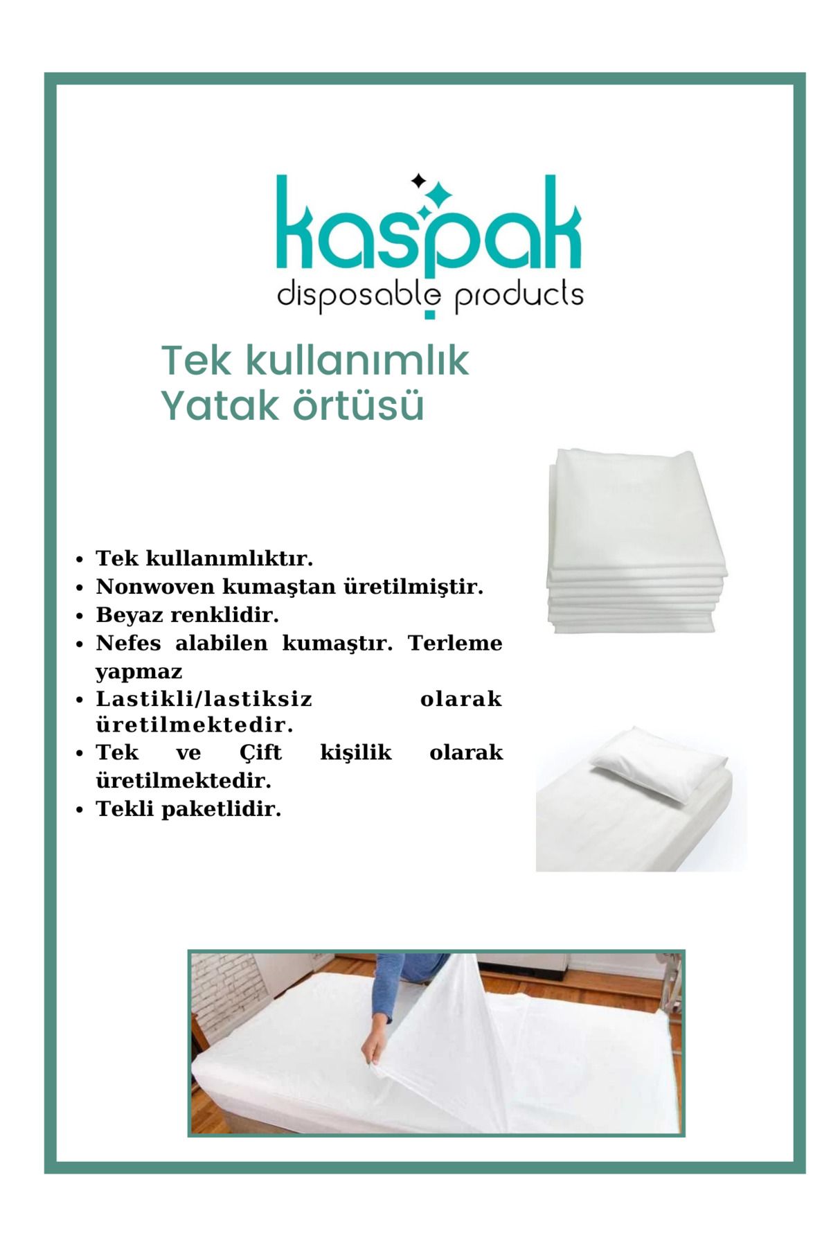 Kaspak disposable products Tek kullanımlık yatak örtüsü Tek kişilik lastiksiz 100*240 cm 5 adet