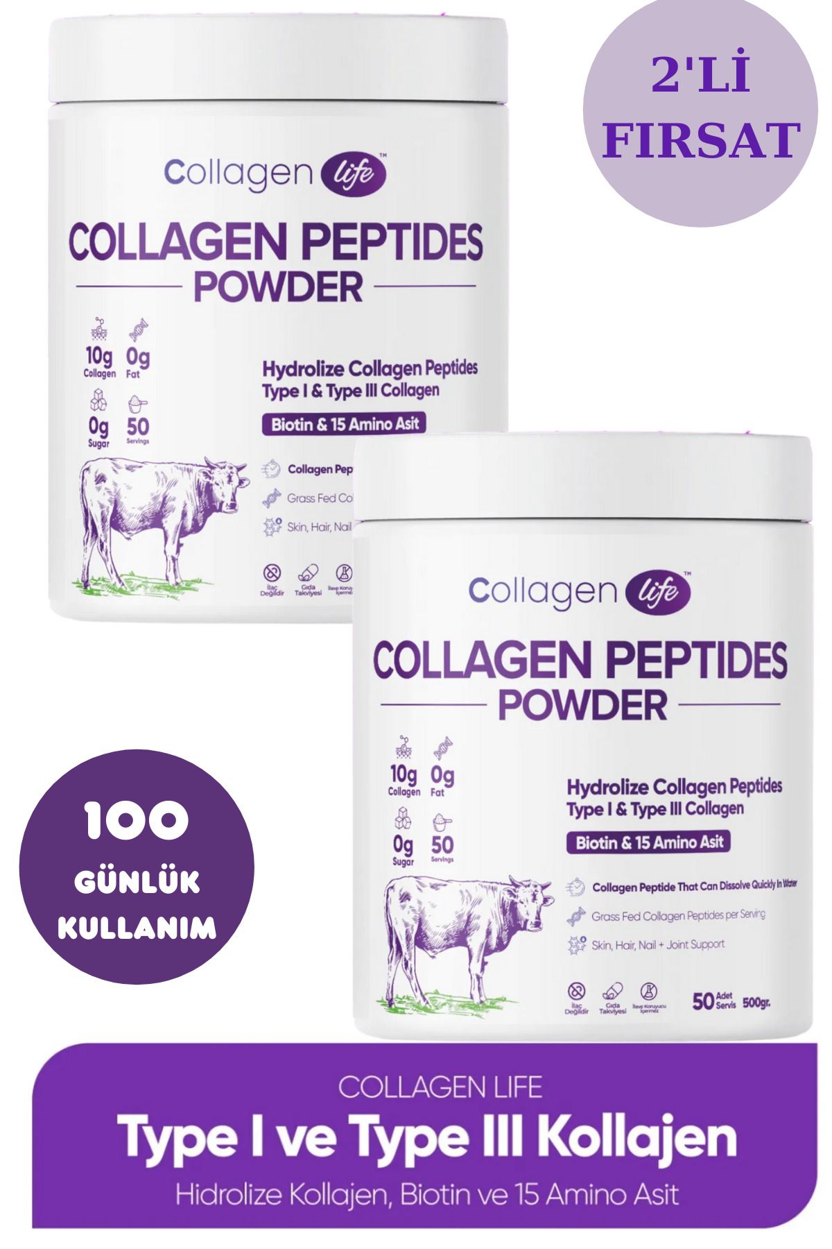 Collagen Life %100 Hidrolize Kolajen Peptitler Biotin Ve 15 Amino Asit İçeren Gıda Takviyesi 2'Li Set