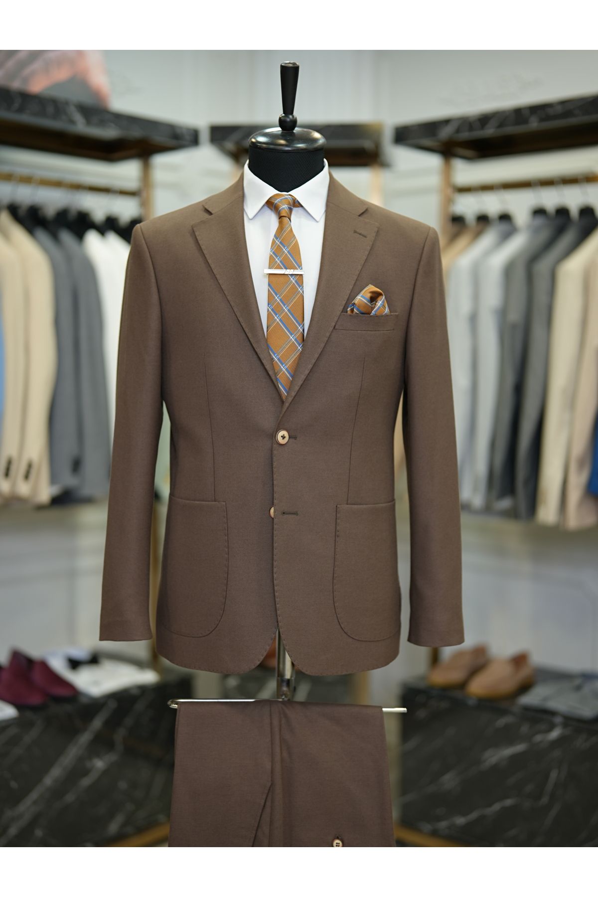 LONATOLİA Premium Yarım Astarlı Punto Dikişli Mono Yaka Torba Cepli Erkek Slim Fit İtalyan Stil Takım Elbise