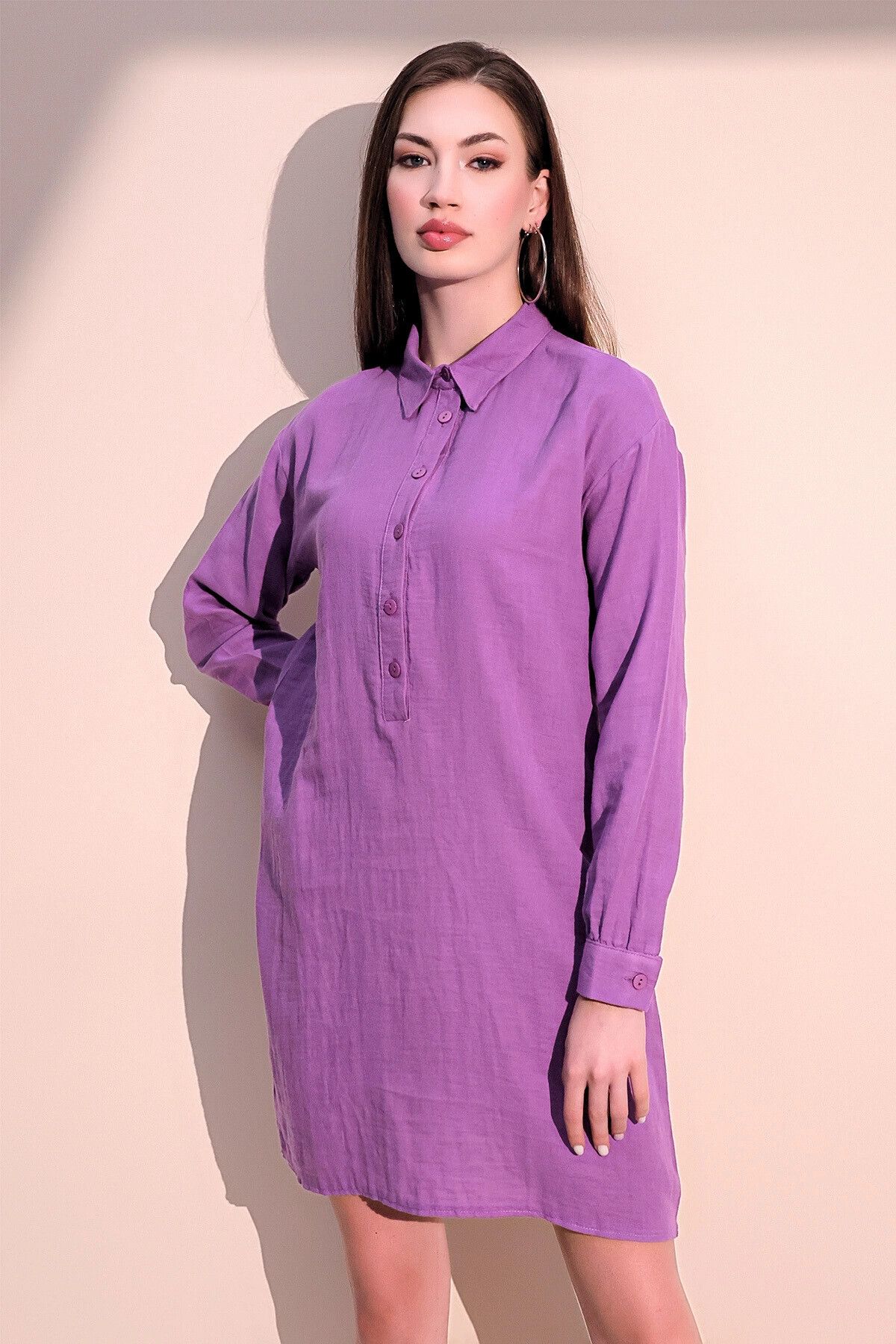 New Laviva Kadın Mor Muslin Pamuklu Rahat Uzun Kollu Dizüstü Gömlek Yaka Tunik Elbise