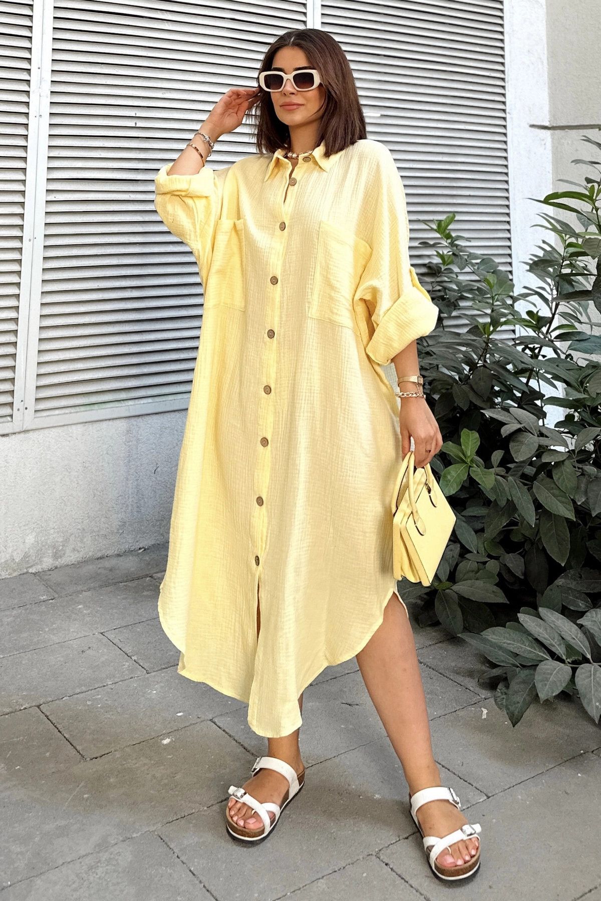 New Laviva Kadın Sarı Muslin Kumaş, Yarasa Kol, Eteği Oval, Çift Cepli, Uzun Oversize Salaş Gömlek Elbise
