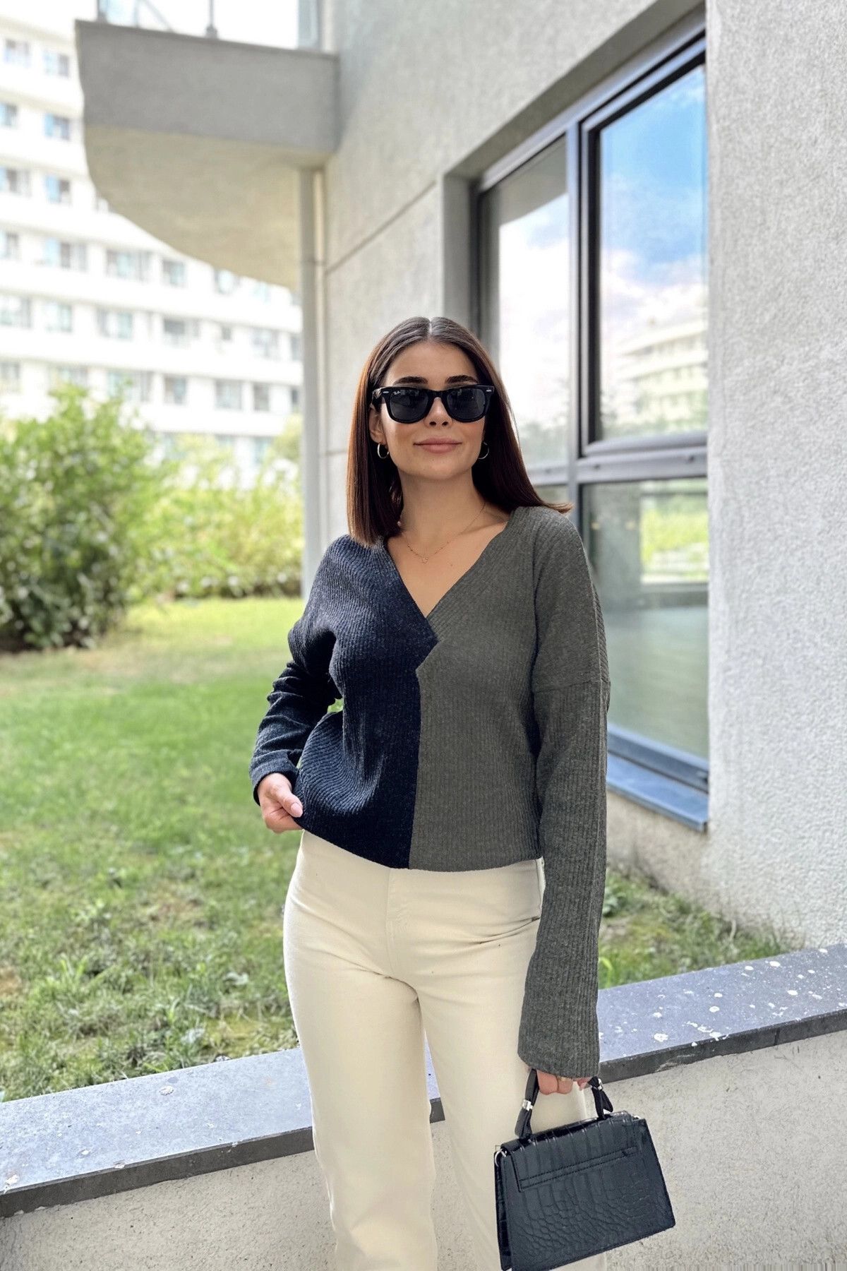 New Laviva Kadın Antrasit & Haki Günlük Stil V Yaka Color Block, Uzun Kol Kazak Bluz, Pamuklu Sweatshirt