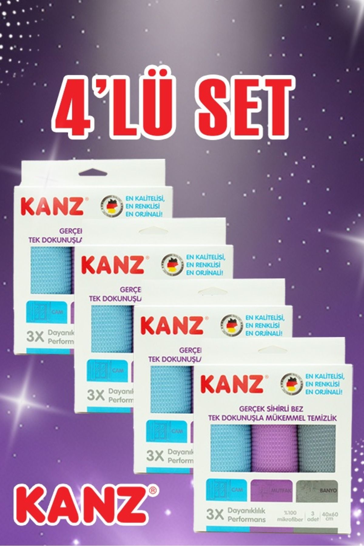 Kanz 3'lü Alman Mikrofiber Temizlik Bezi (4'LÜ SET 12 ADET)