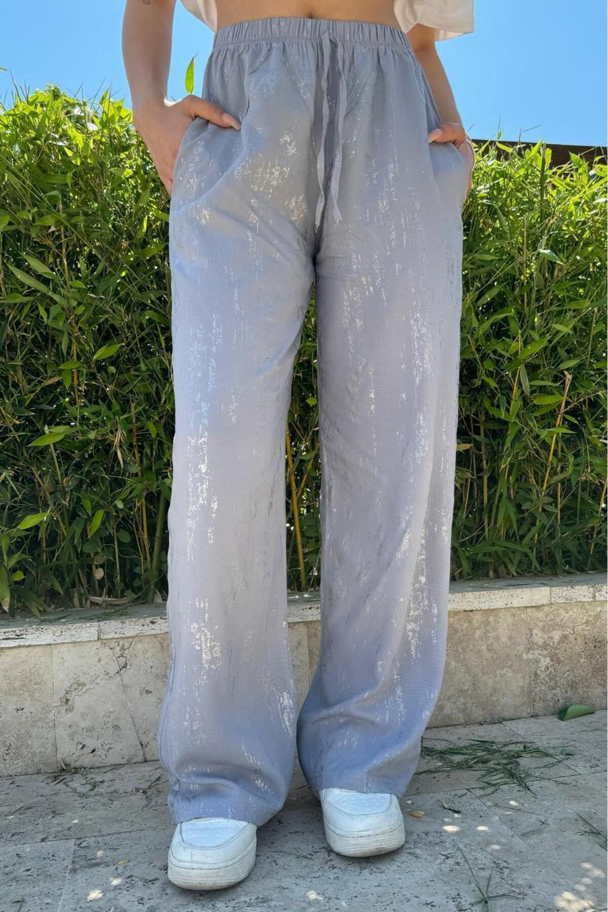 Denfa Moda Kadın Gümüş Varaklı Pantolon