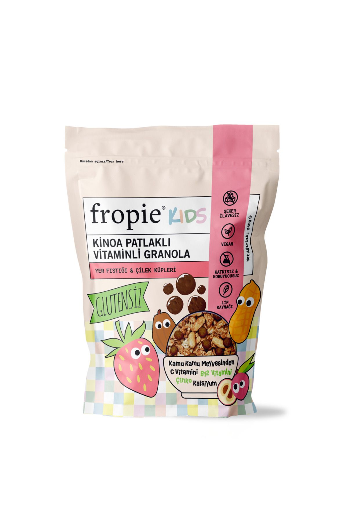 FROPİE Kids Granola - Yer Fıstığı & Çilek Küpleri 240gr