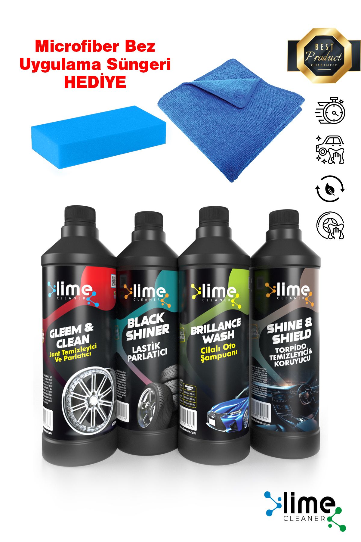 Lime Cleaner Oto Bakım Seti Cilalı Araba Şampuanı Jant Torpido Temizleyici Lastik Parlatıcı, Hediyeli Paket