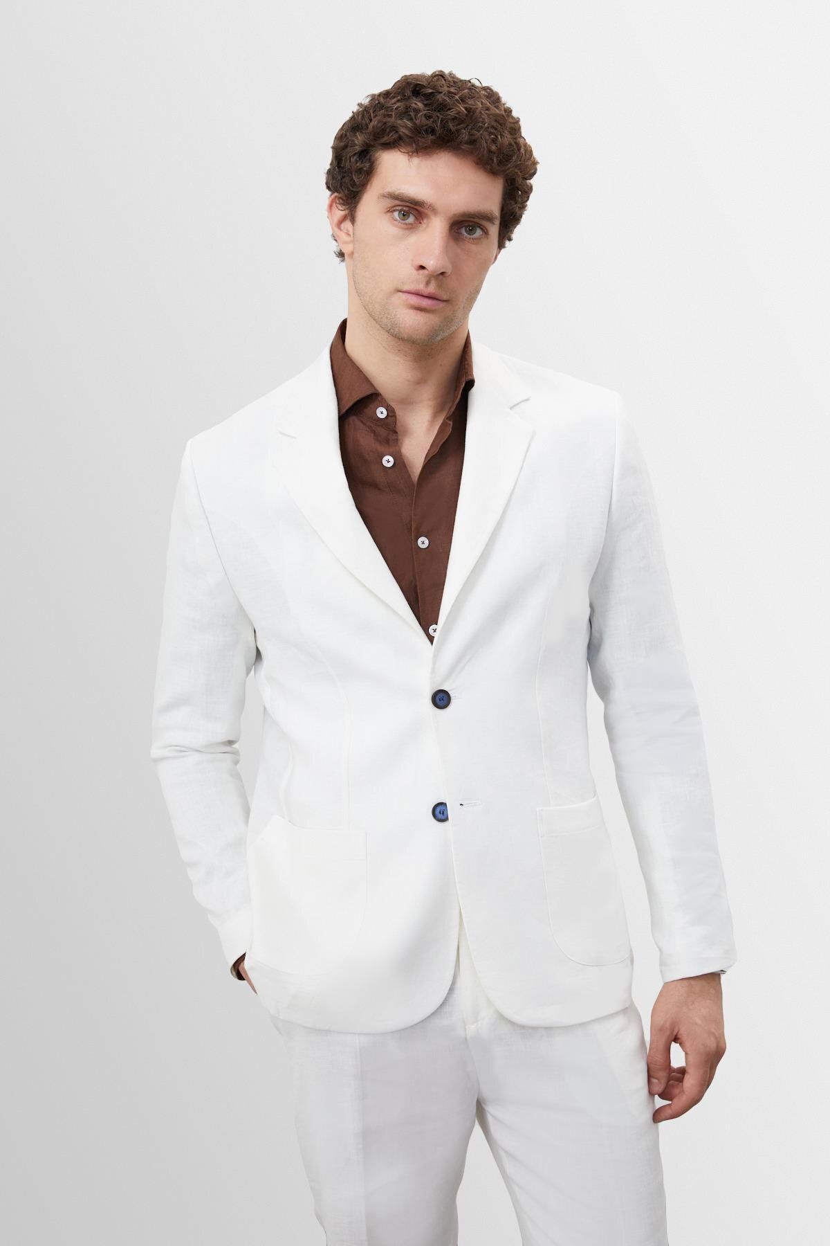 Antioch Beyaz %100 Keten Erkek Blazer Ceket