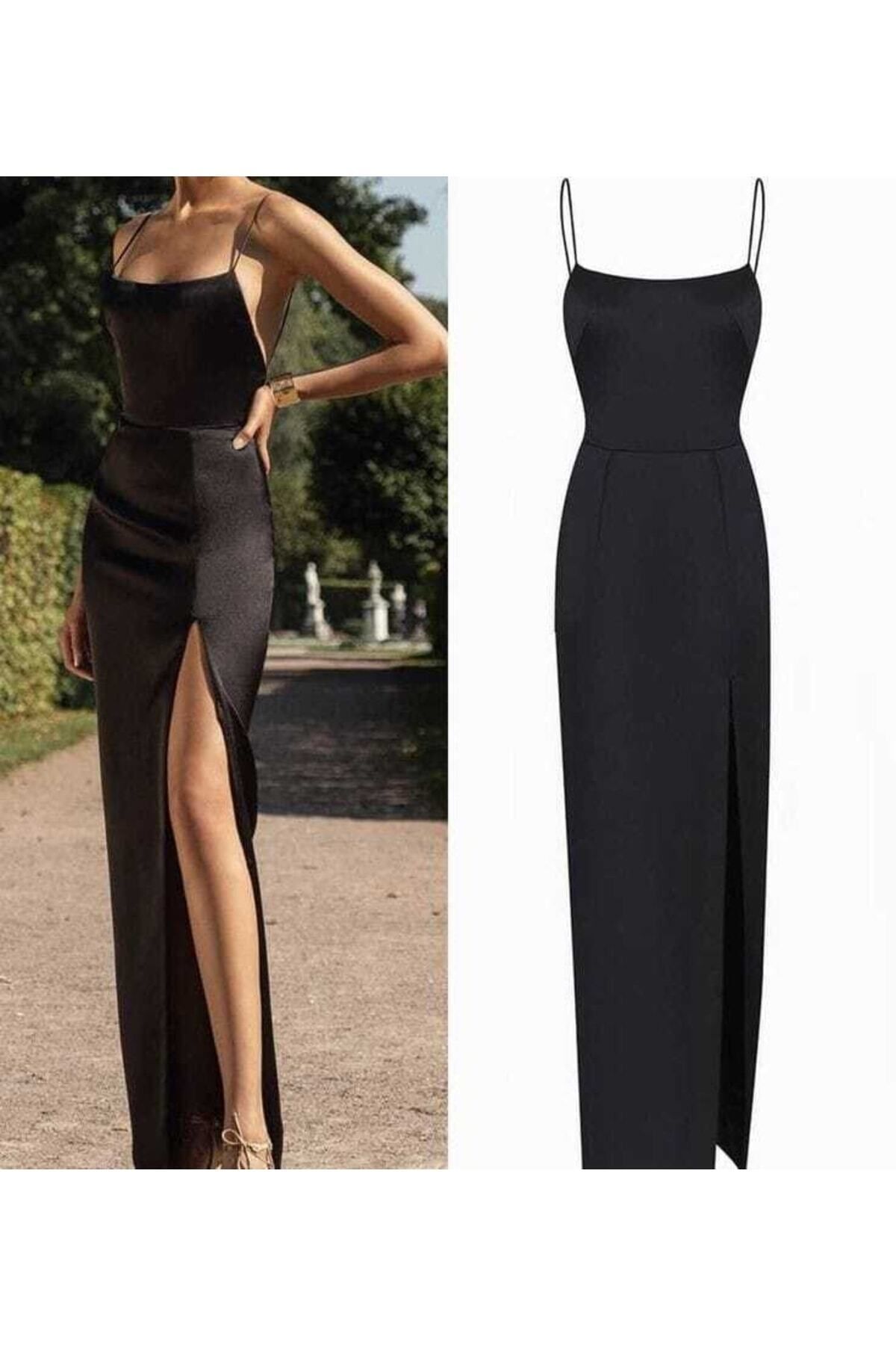 by serkan design Kadın Siyah Saten Yırtmac Dekolteli Maxi Elbise