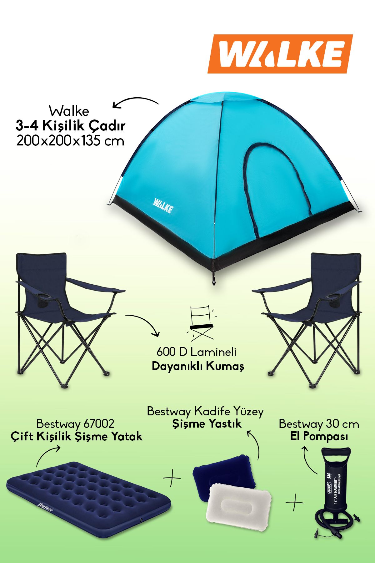 Walke Lüks Kamp Seti 4 Kişilik Çadır Çift Kişilik Yatak 2 Adet Lacivert Sandalye 2 Yastık Pompa