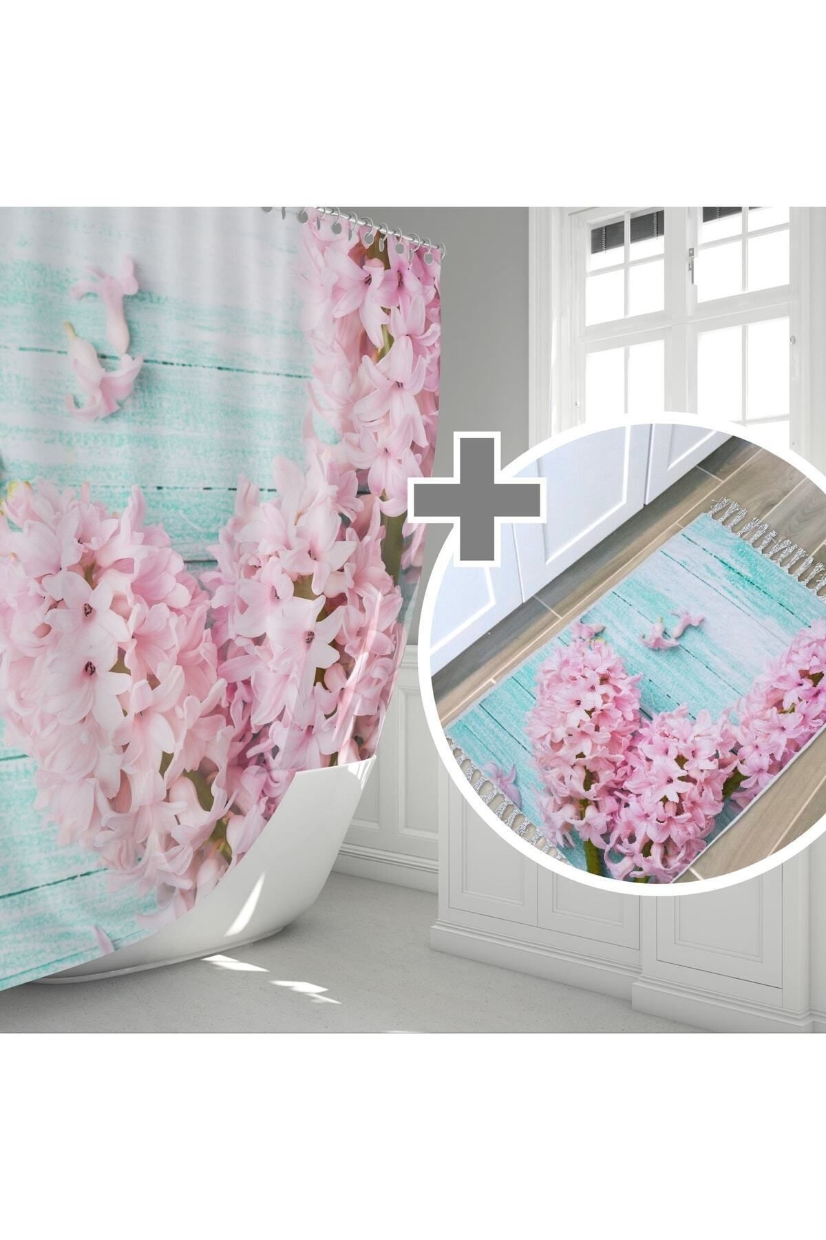 Tropikhome Lila Banyo Paspas Seti, 50x80 Püsküllü Paspas Ve 180x200 Cm Banyo Perdesi Takımı, Klozet Takımı