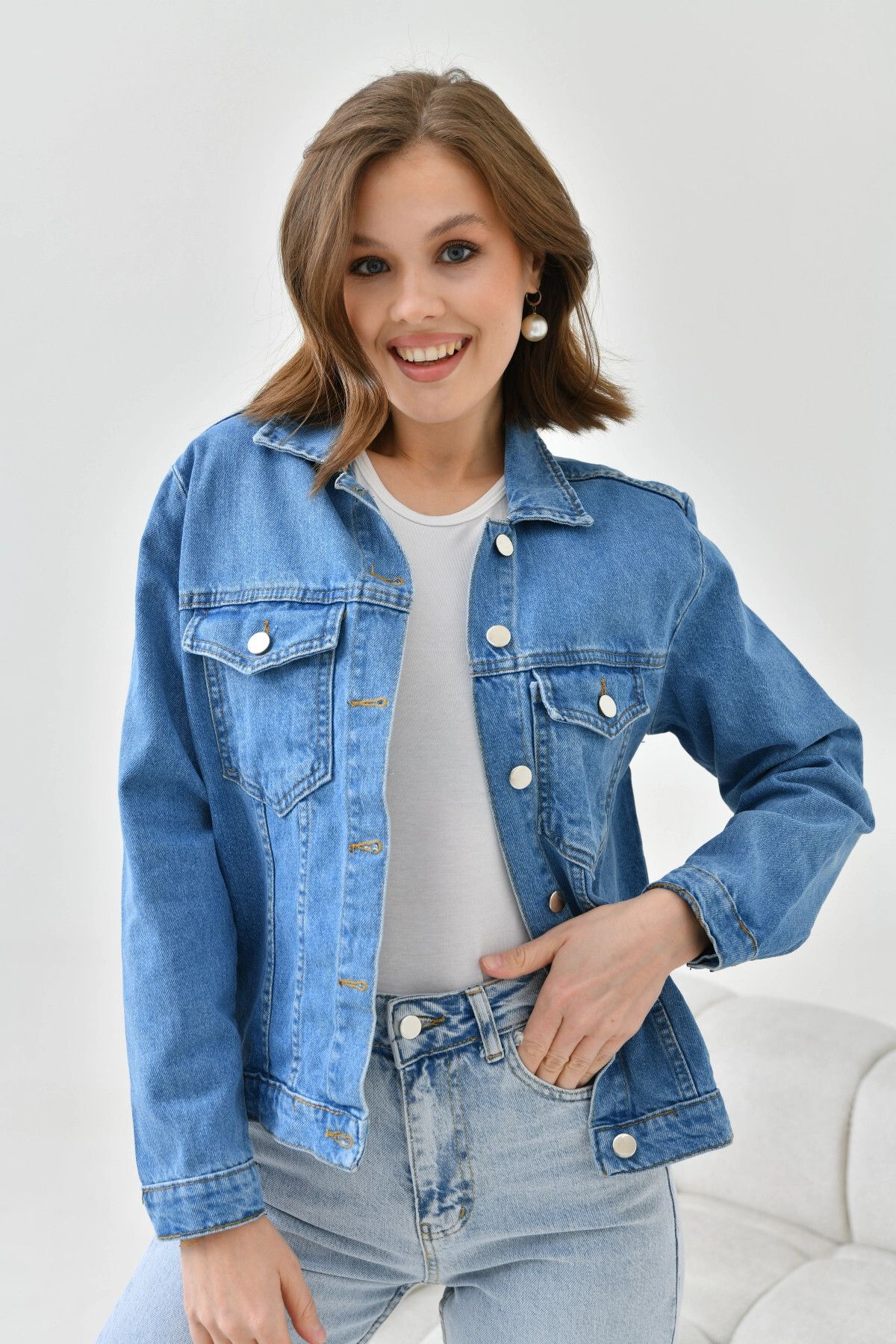 Park Karon Kadın Koyu Mavi (Enzim) Basic Jean Ceket