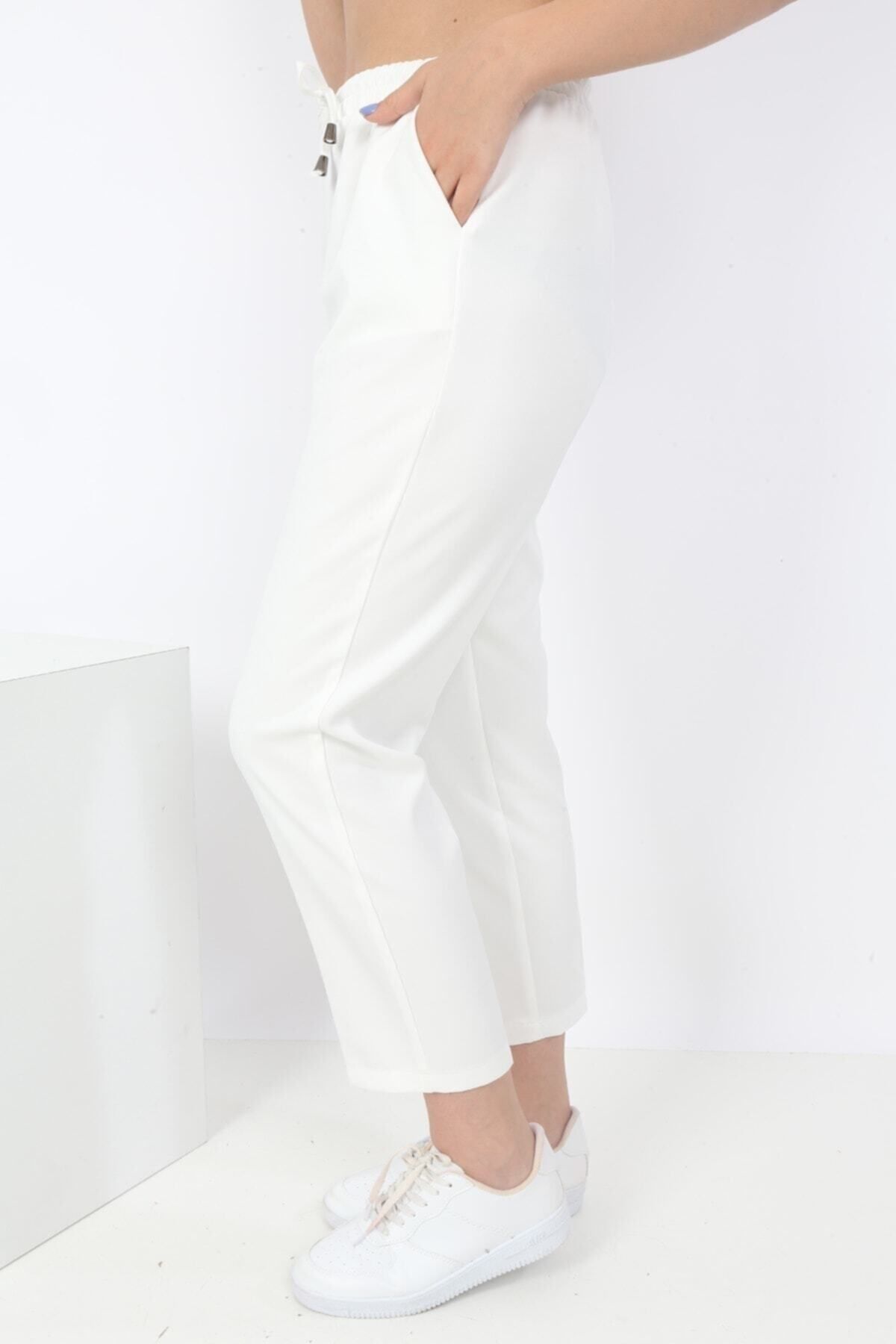 freedom fashion Kadın Beyaz Double Kumaş Beli Lastikli Dar Paça Pantolon