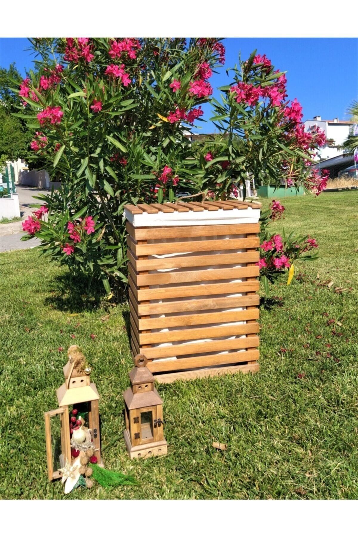 Woodenka Doğal Ahşap Kapaklı Kirli Sepeti Çamaşır Sepeti Çok Amaçlı Banyo Dolabı