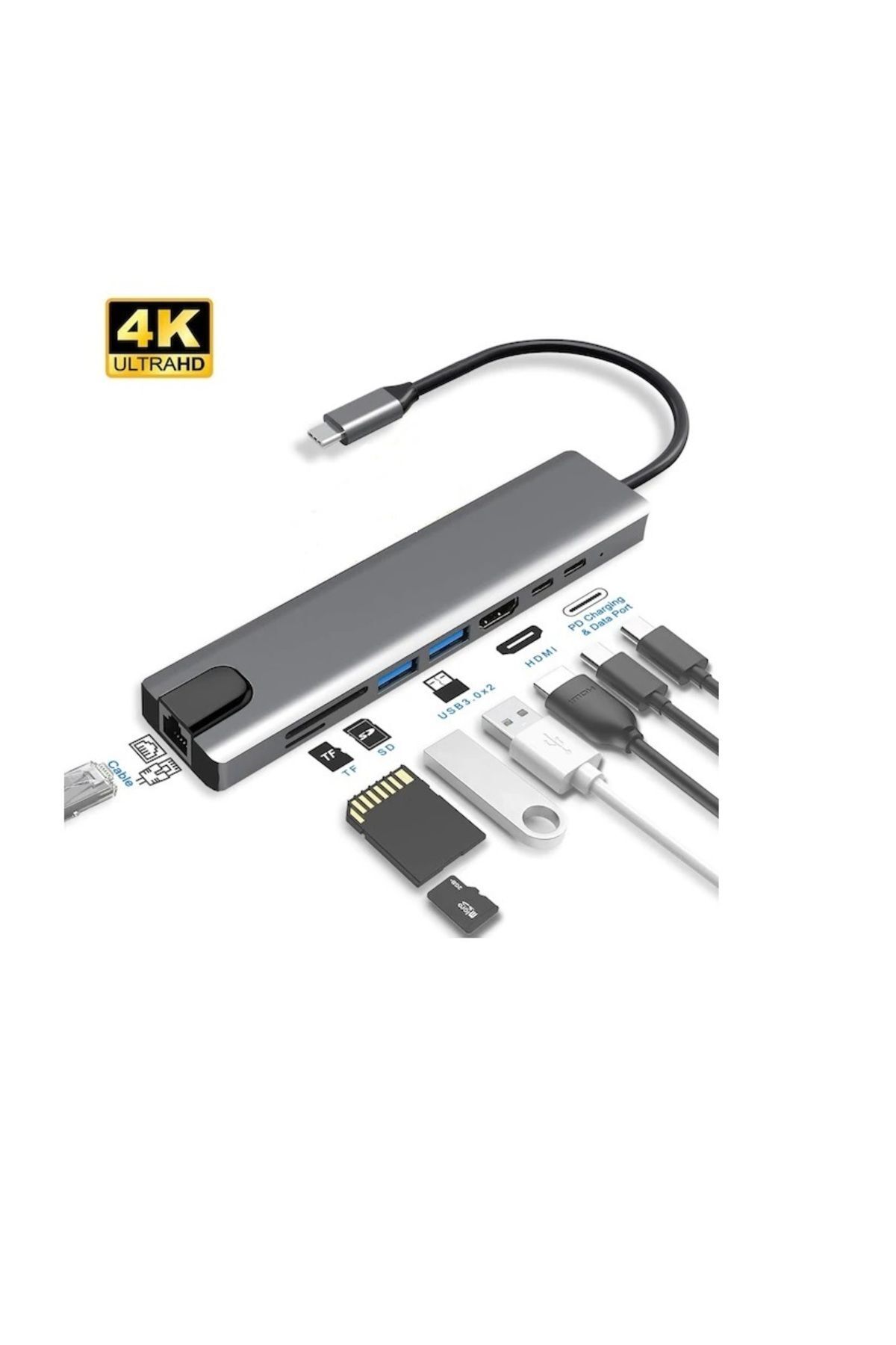 alfalink AL-C80 Type-C 8in1 Çevirici Adaptör 4K Hdmi + 2Port USB 3.0 + Rj45 Gbit+ Sd Micro Kart