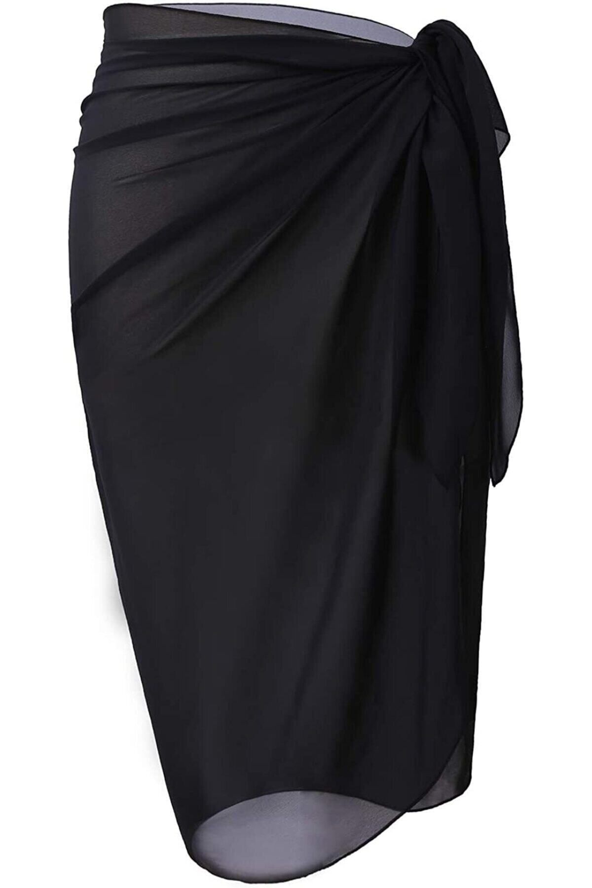 Star Siyah Uzun Pareo Kadın Plaj Elbisesi Yeni Sezon Tül Transparan