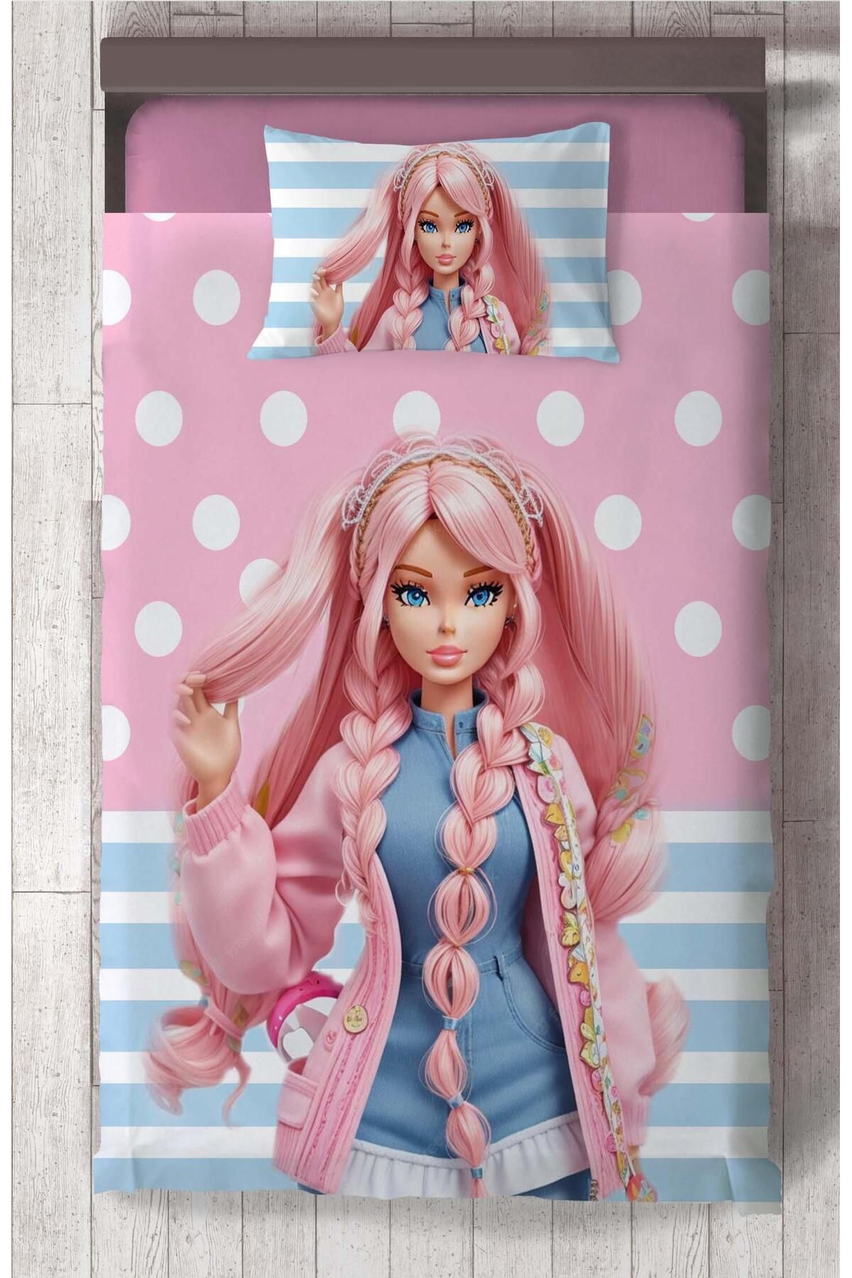 Ceritti Kız Bebek ve Çocuk Odası için Barbie Desenli İsim Yazdırılabilir Renkli 2 Parça Yatak Örtüsü Seti-53