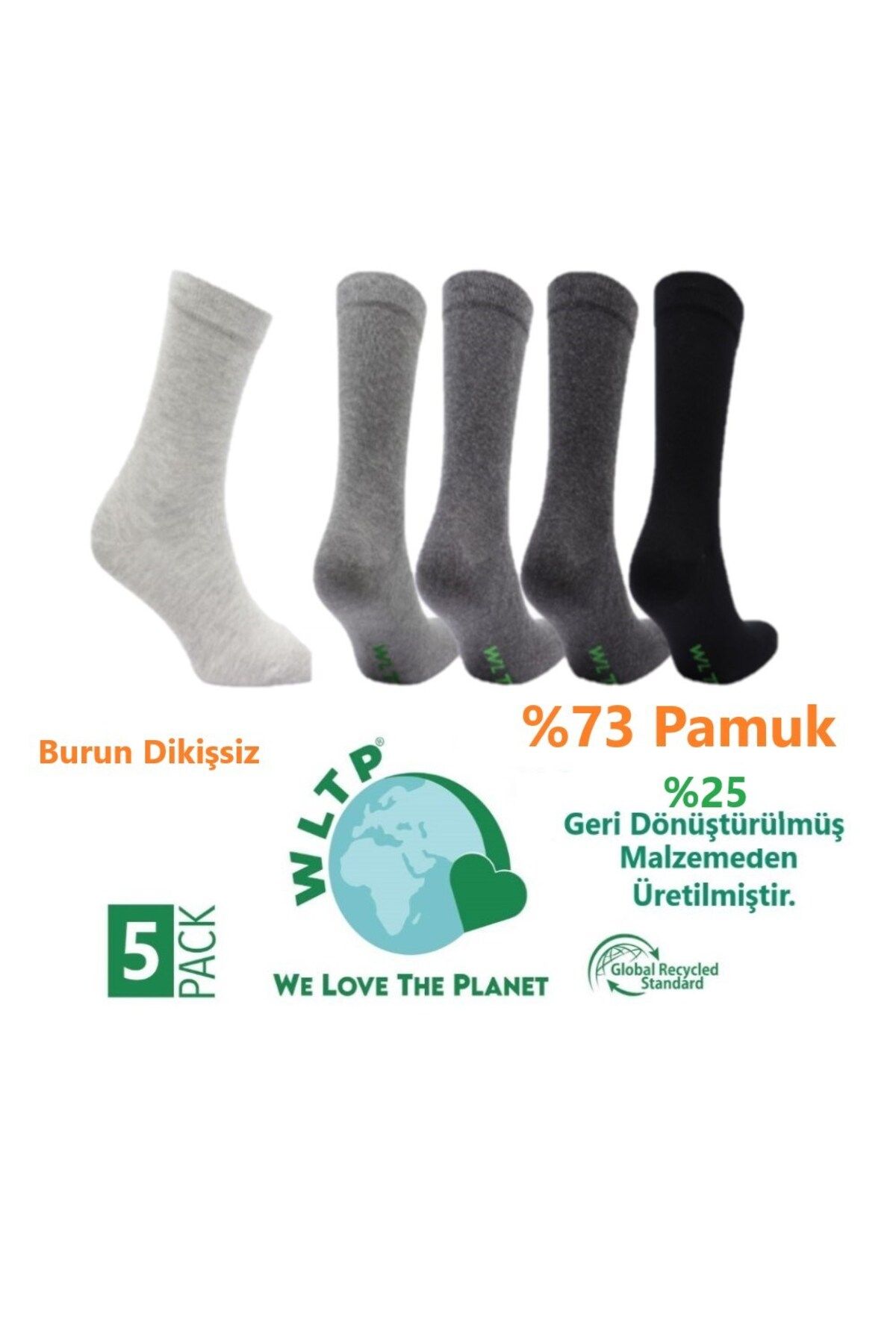 WLTP %73 Pamuk Günlük 5 Renk Penye Çorap 5 Çift -dikişsiz- %25'i Geri Dönüşümden