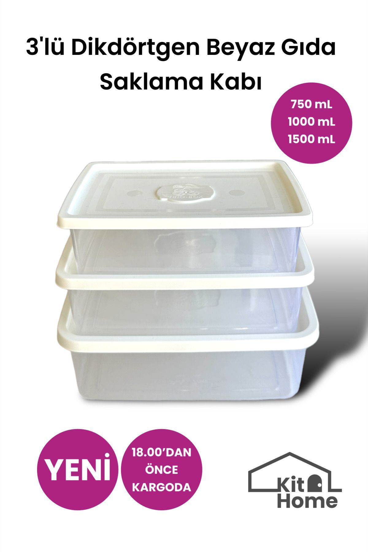Kit Home 3'lü Dondurucu Ve Mikrodalgaya Uygun Beyaz Dikdörtgen Gıda Saklama Kabı Seti