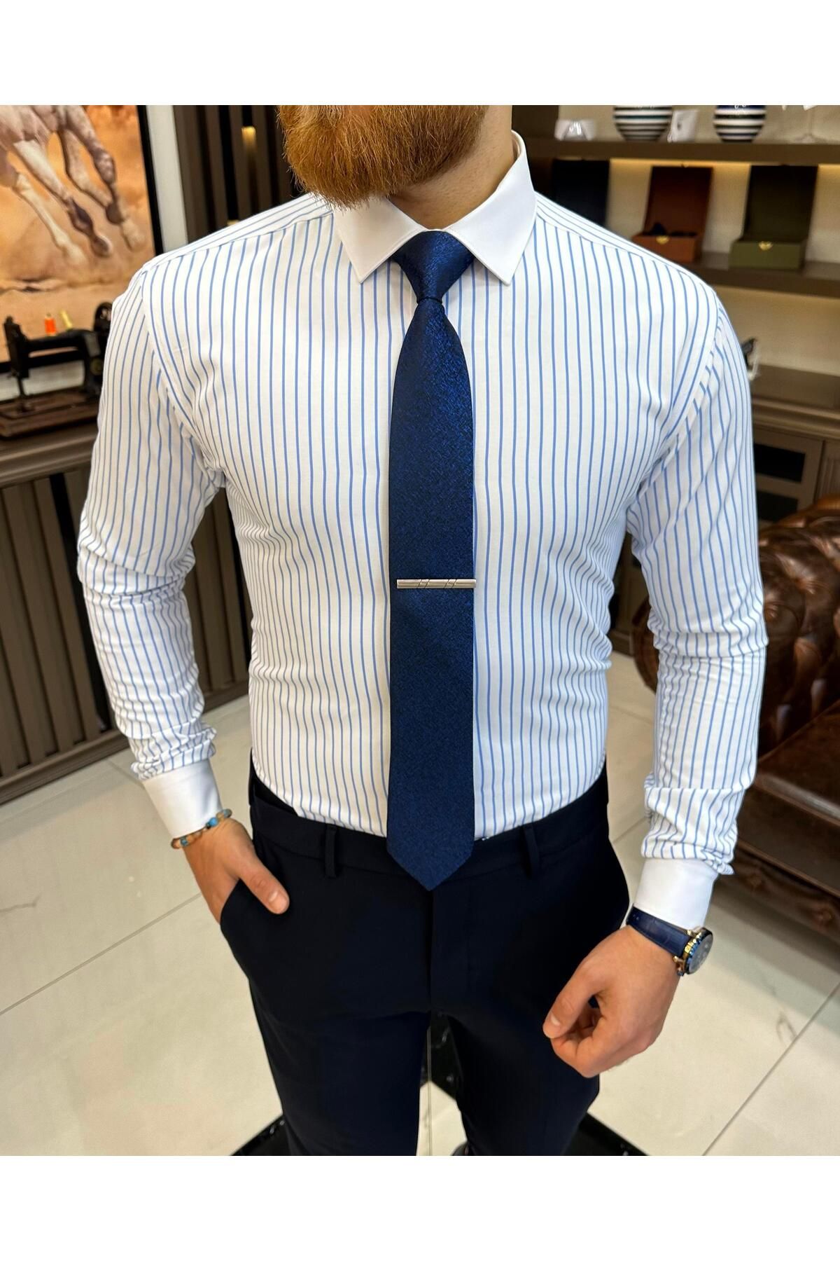 TerziAdemAltun İtalyan stil çizgili kravat yaka pamuk erkek gömlek mavi T11195