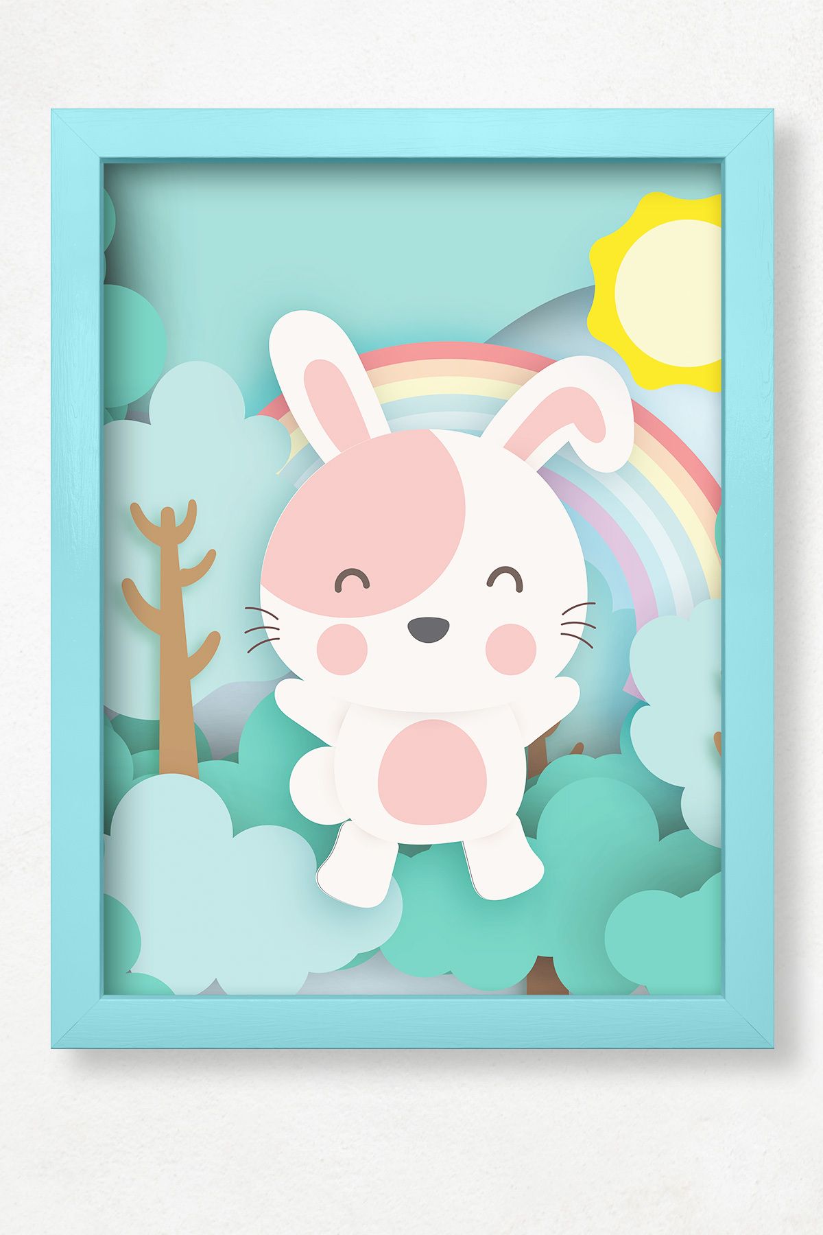 DuoArt Tavşan-Sevimli Hayvanlar/Çocuk Bebek Odası/Doğal Ahşap Çerçeveli Poster/Çerçeve Rengi:Duru Mavi