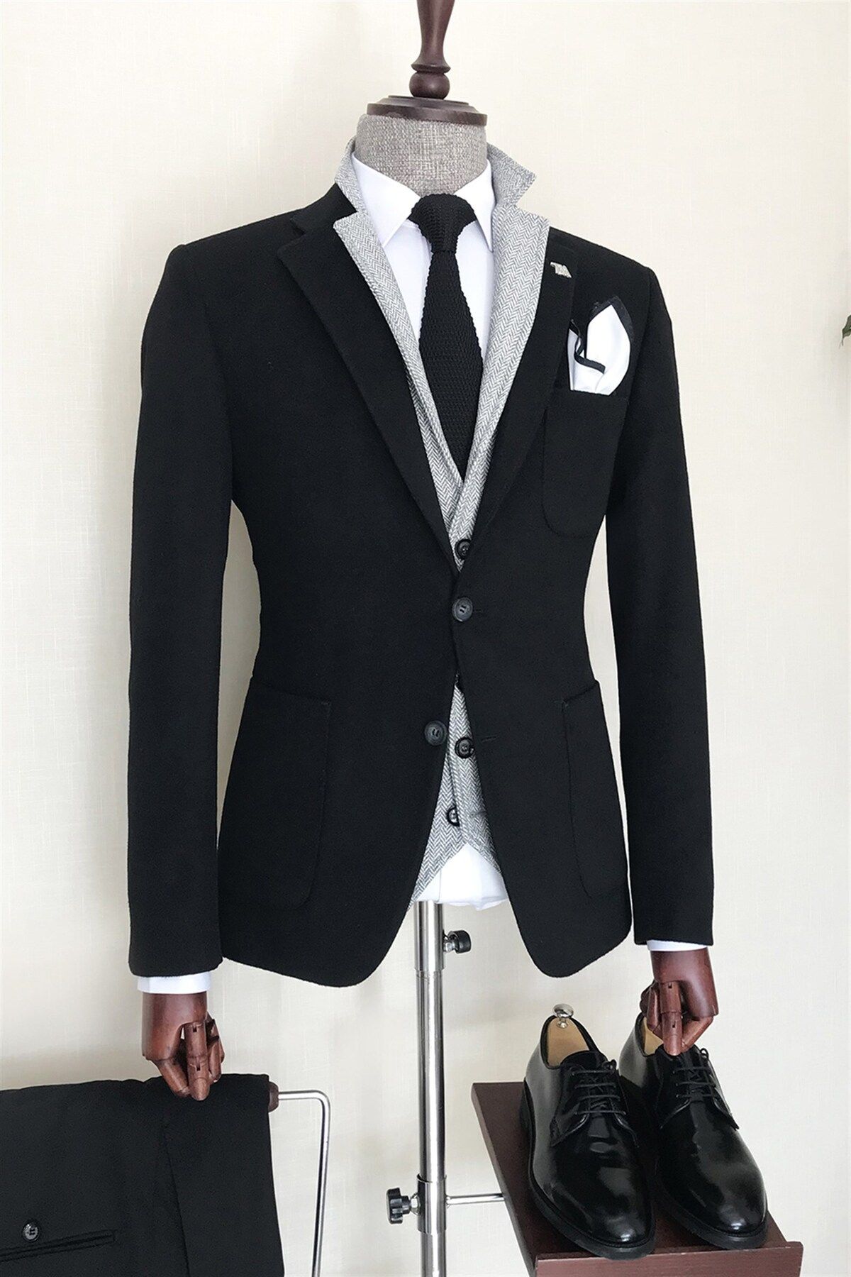 TerziAdemAltun İtalyan Stil Slim Fit Erkek Mono Yaka Yün Ceket Siyah T8051