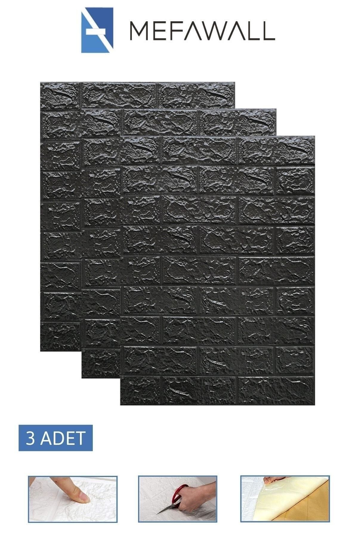 Mefawall Kendinden Yapışkanlı Esnek Köpük Siyah Taş Desen Duvar Kağıdı Paneli 3 Adet 50x70 | 1 Metrekare
