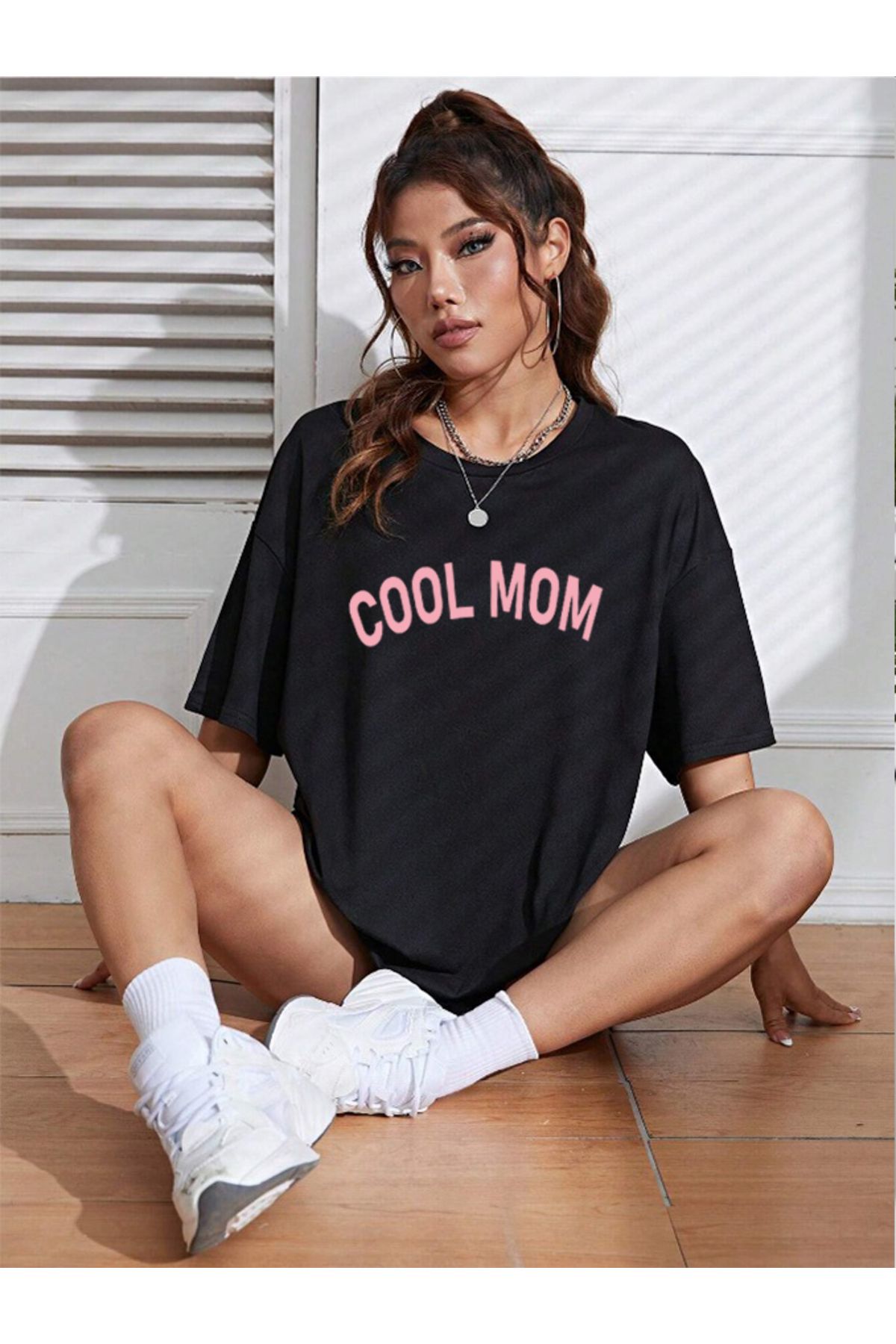 Genel Markalar Oversize Cool Mom Baskılı Kadın Siyah Tişört