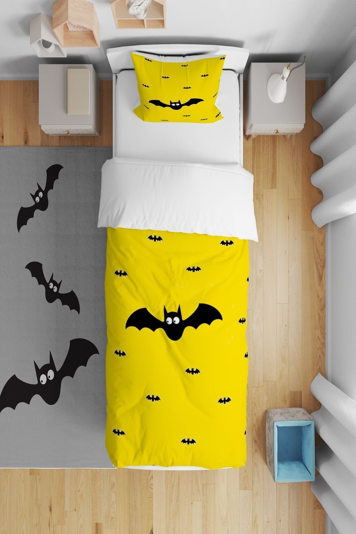 CİCİ ODAM Sarı Zemin, Siyah Yarasa Batman Motifli Çocuk Bebek Odası Nevresim Takımı
