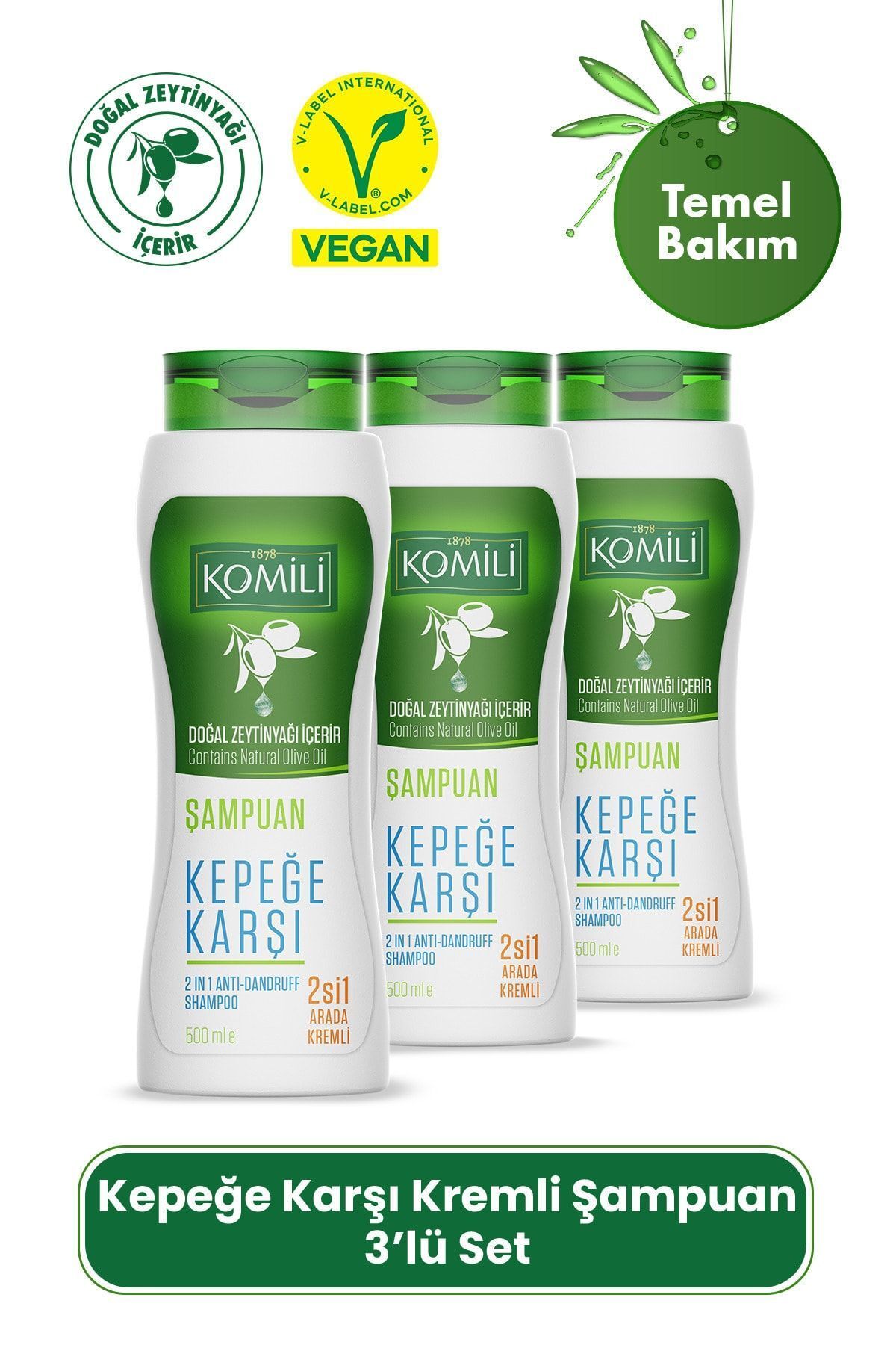 Komili Kepek Karşıtı 2'si 1 Arada Kremli Vegan Şampuan 3'lü Set - 3 X 500 ML