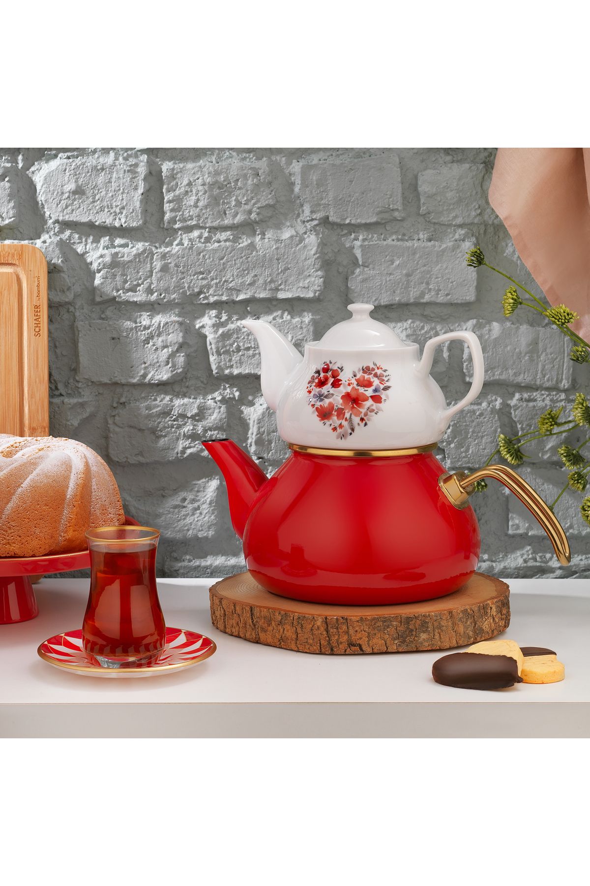 Schafer Komfort Desenli Çaydanlık Takımı 3 Parça-Kırmızı