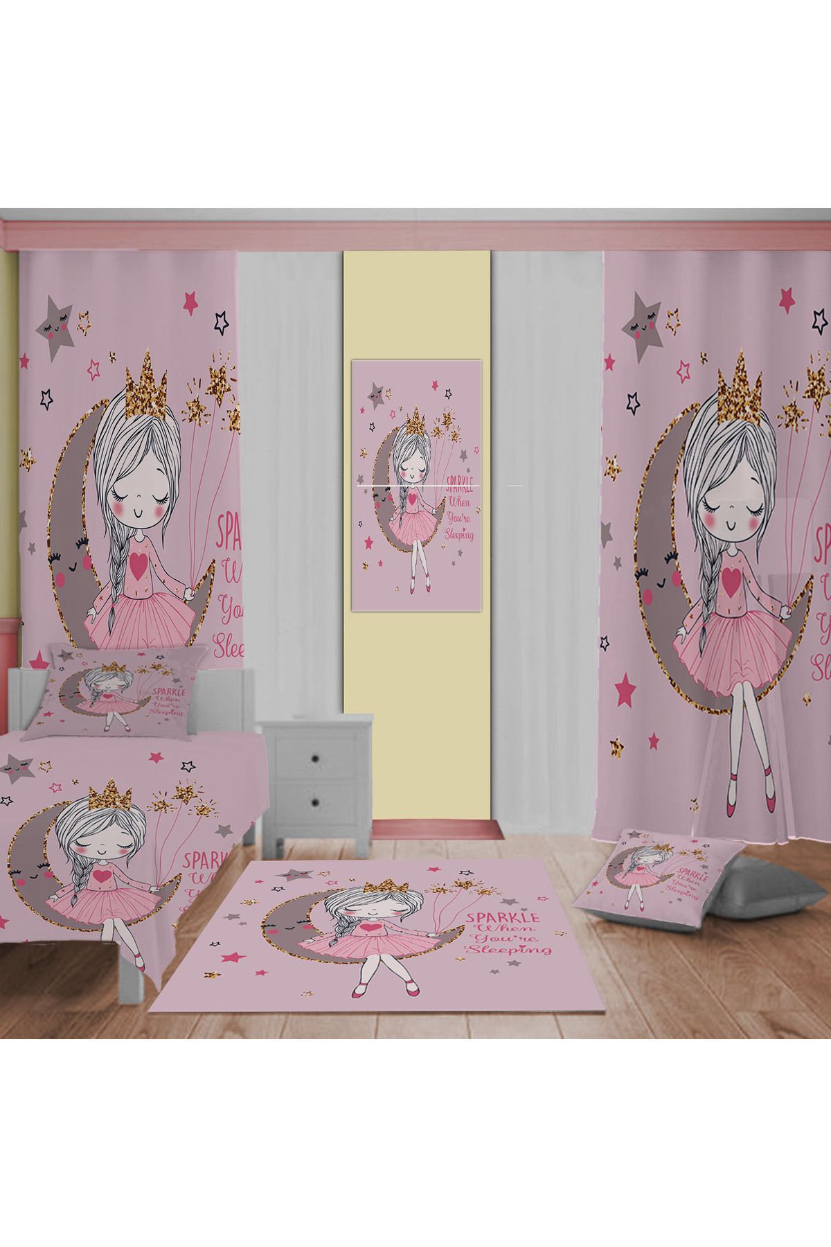 Evan Home Prenses Kız Desenli Çocuk Odası Takım Perde (iki Kanat),Yatak Örtüsü,Yastık,Kırlent ,Halı,Tablo