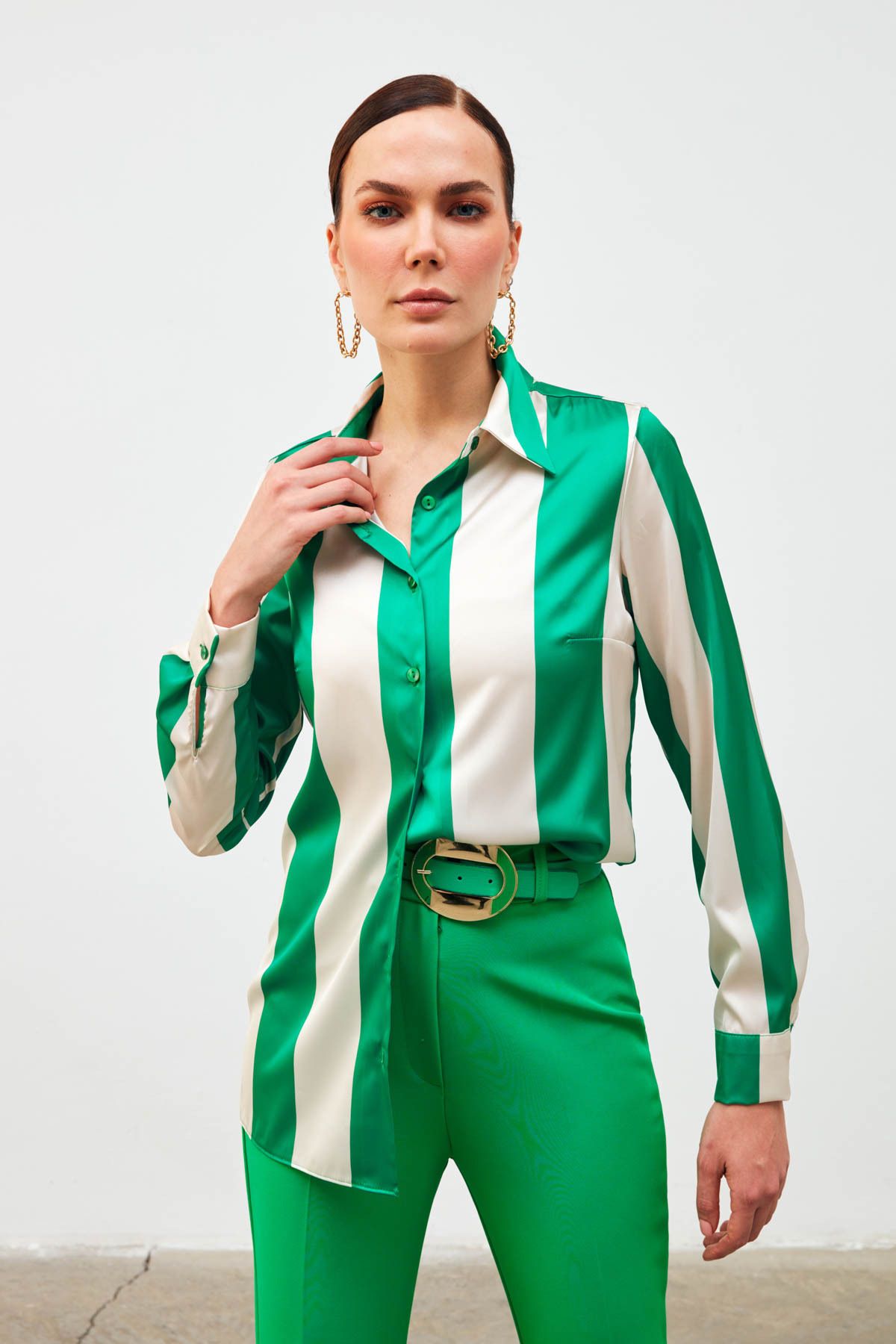 Sateen Çizgili Salaş Gömlek - Yeşil